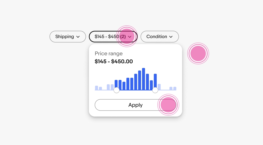 Three tap targets are placed in and around a popover to demonstrate where to dismiss a popover: On a button in the footer of the popover, on the quick filter button just above the popover, and just outside of the popover.