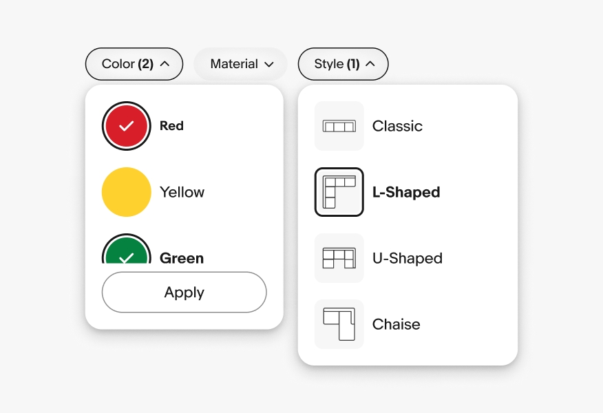 A popover sits below a ‘Color’ quick filter button with a counter of 2, and another popover sits below a ‘Style’ quick filter with a counter of 1.