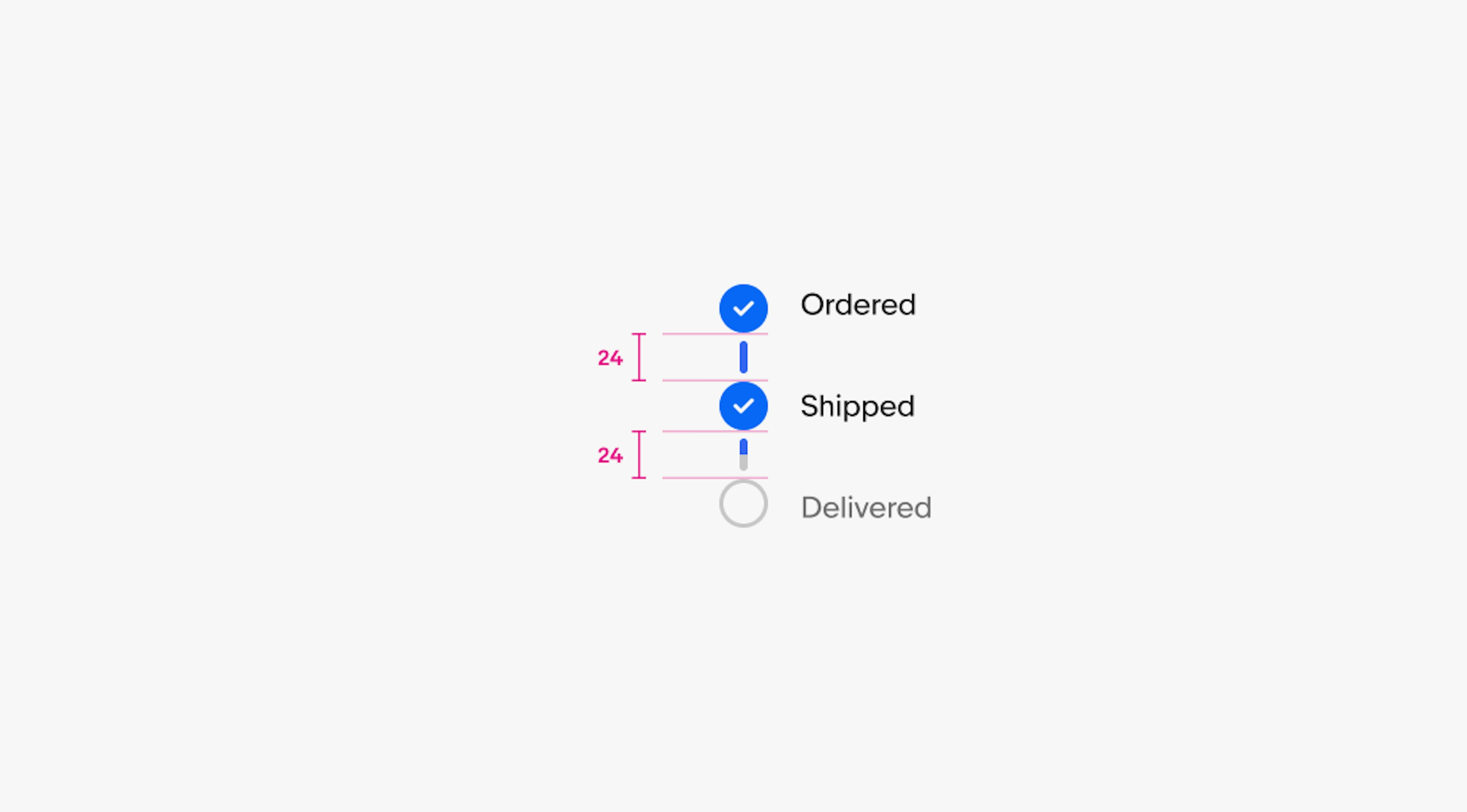 A vertical progress stepper with three steps. The gaps between steps have a height of 24px.