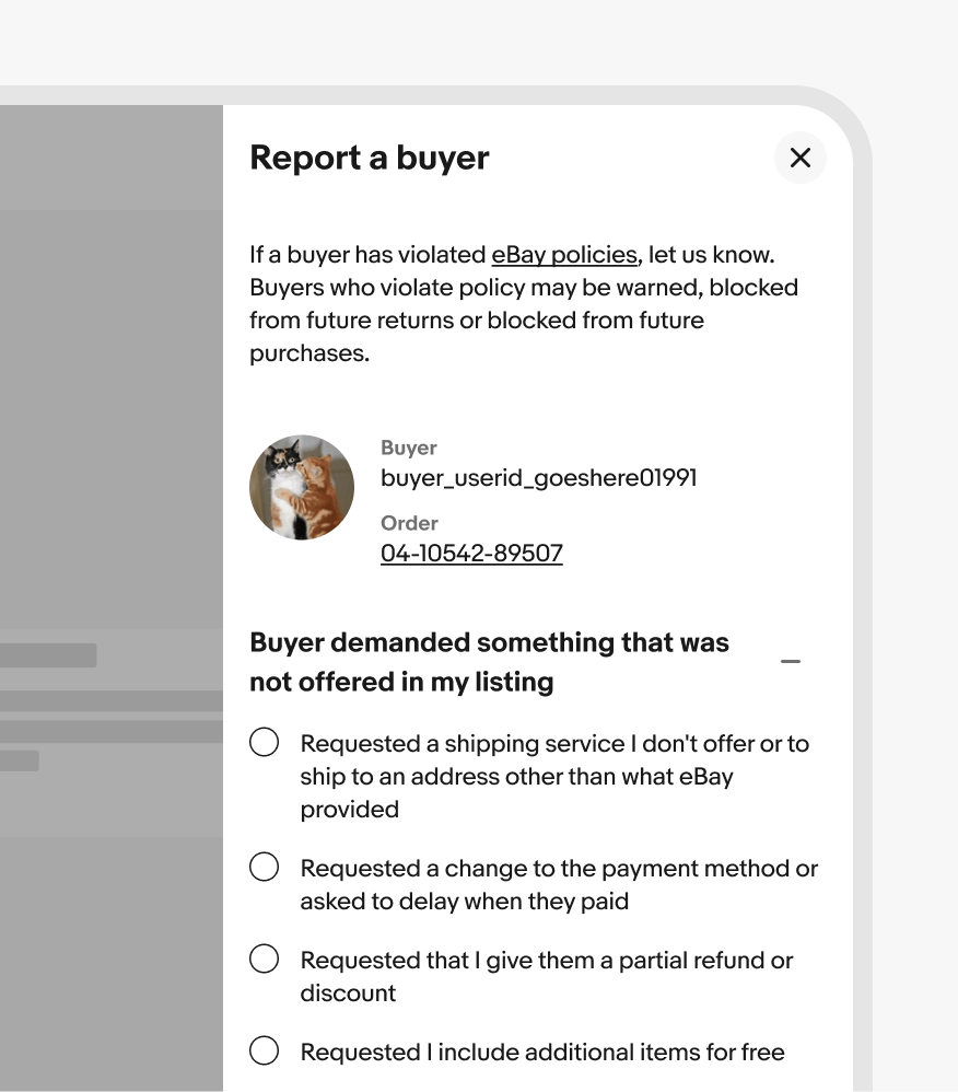 A Report a buyer modal panel.