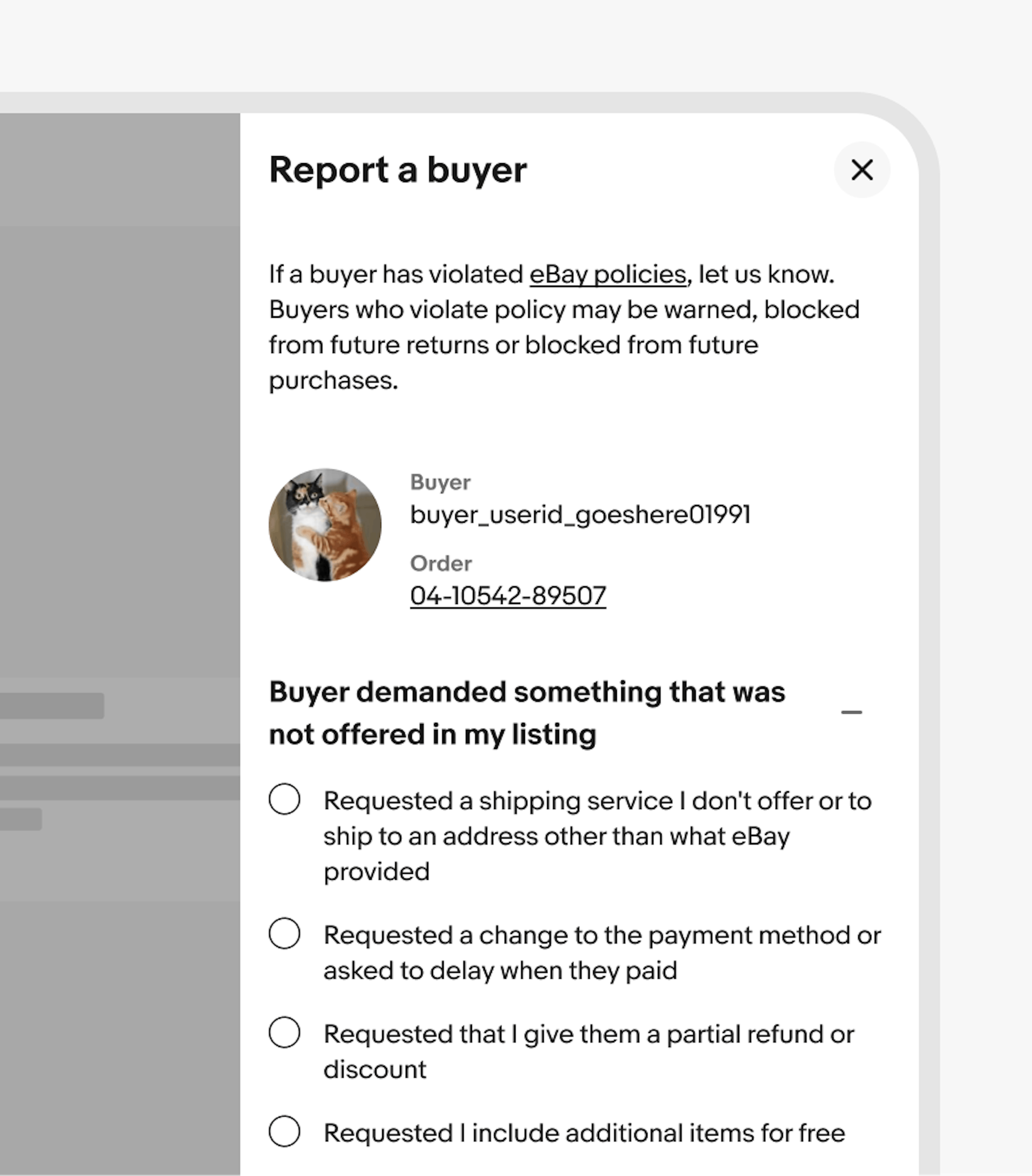 A Report a buyer modal panel.