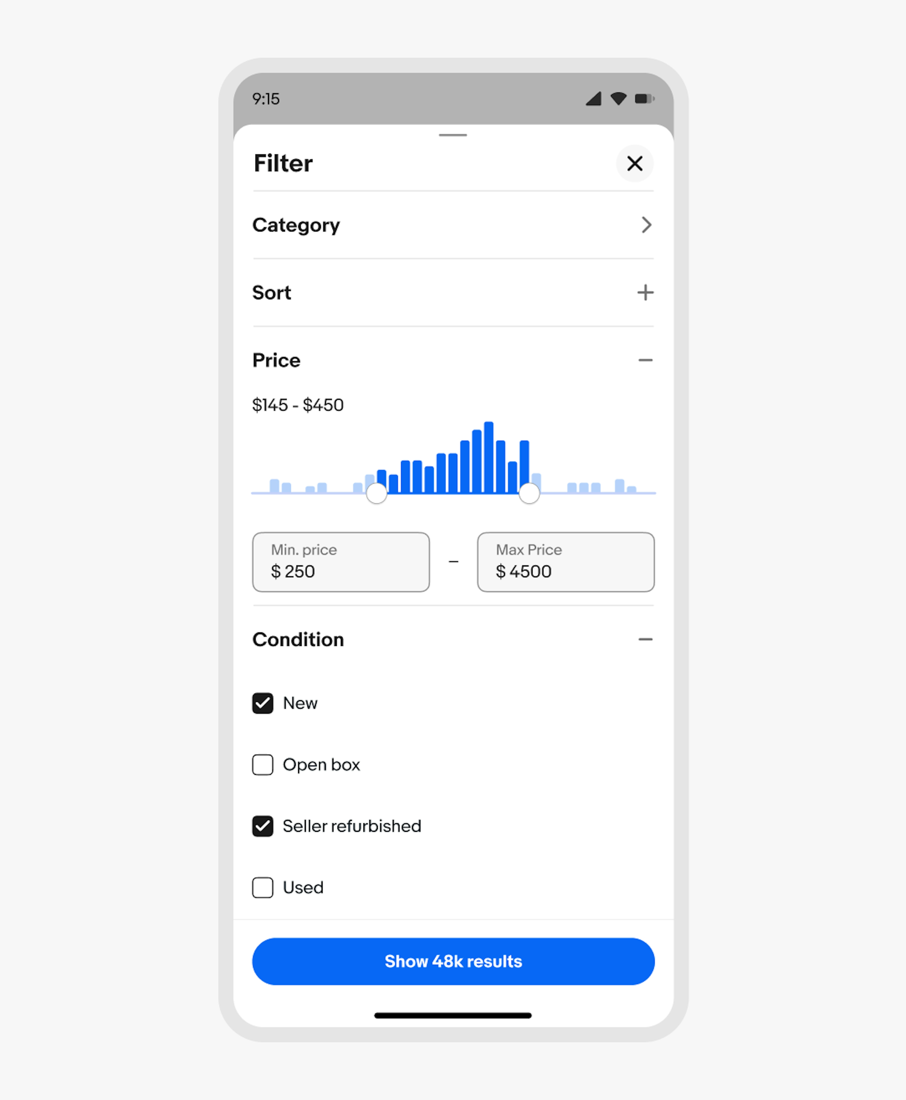 A bottom sheet is used in place of a panel on the eBay mobile app.