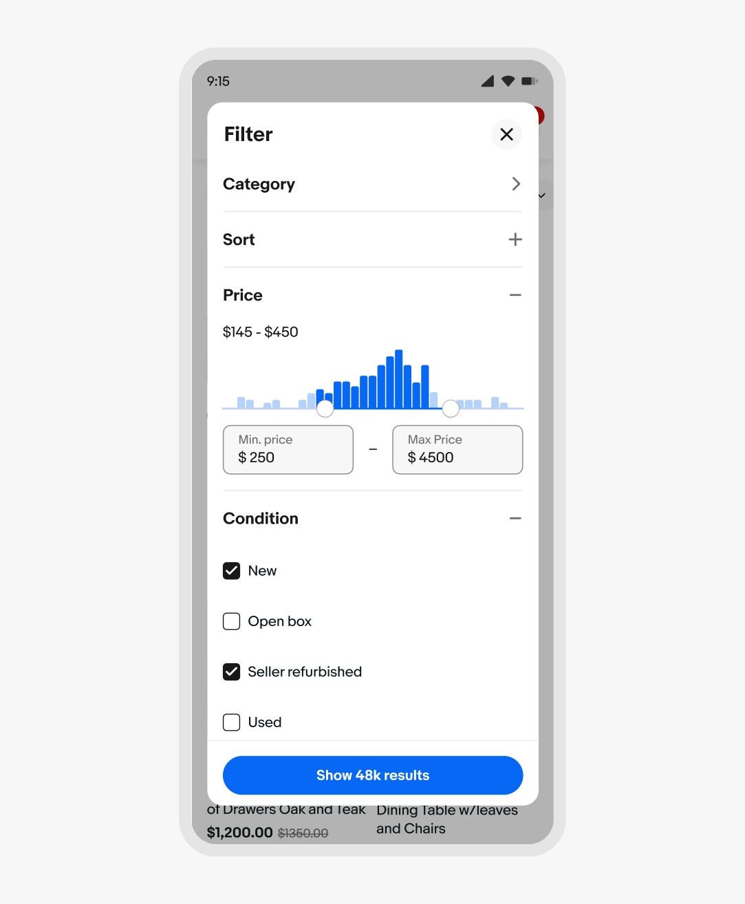 An inset dialogue sheet is used in place of a panel on the eBay mobile web page.