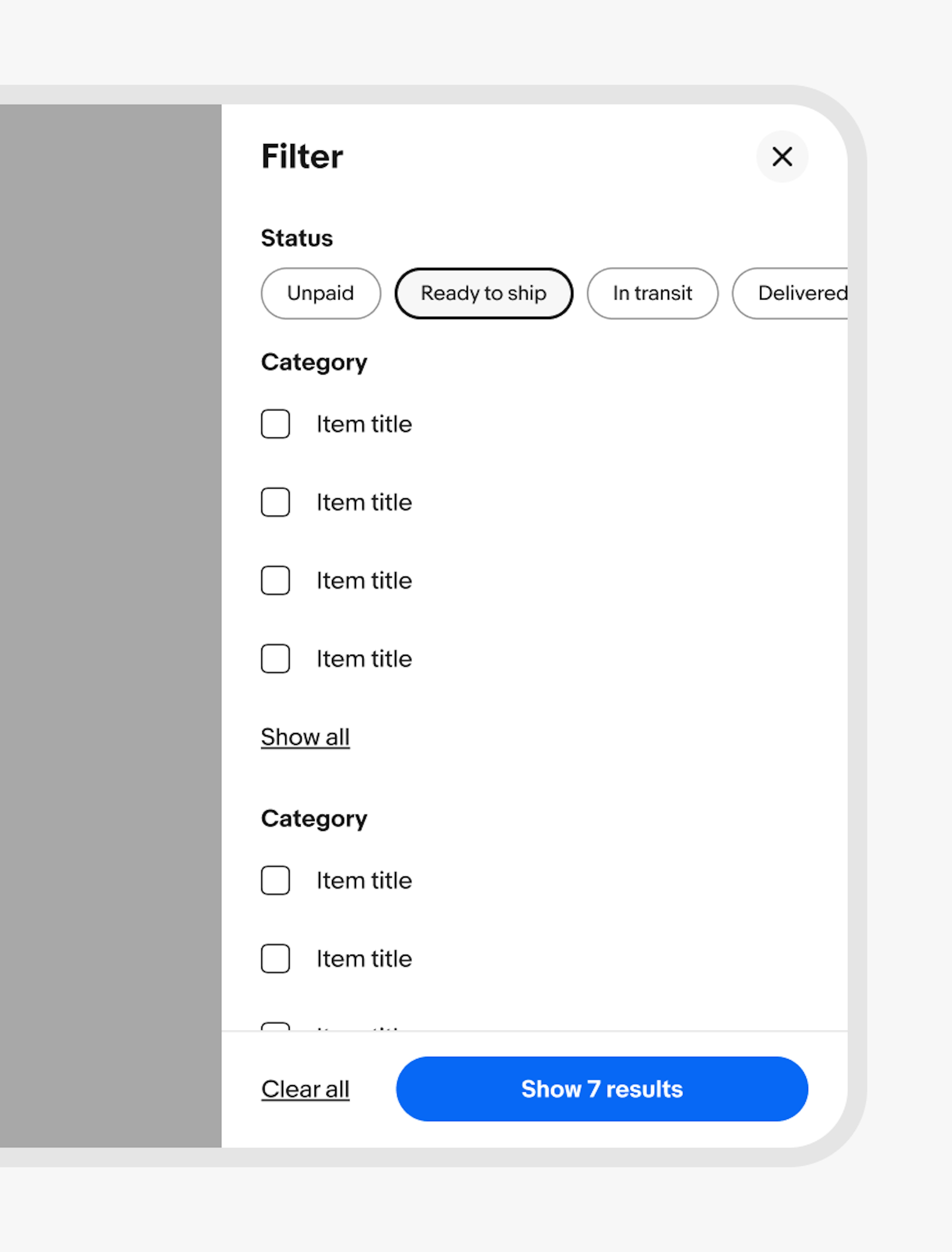 A Filter panel with a Show 7 results primary action button situated at the bottom of the panel.