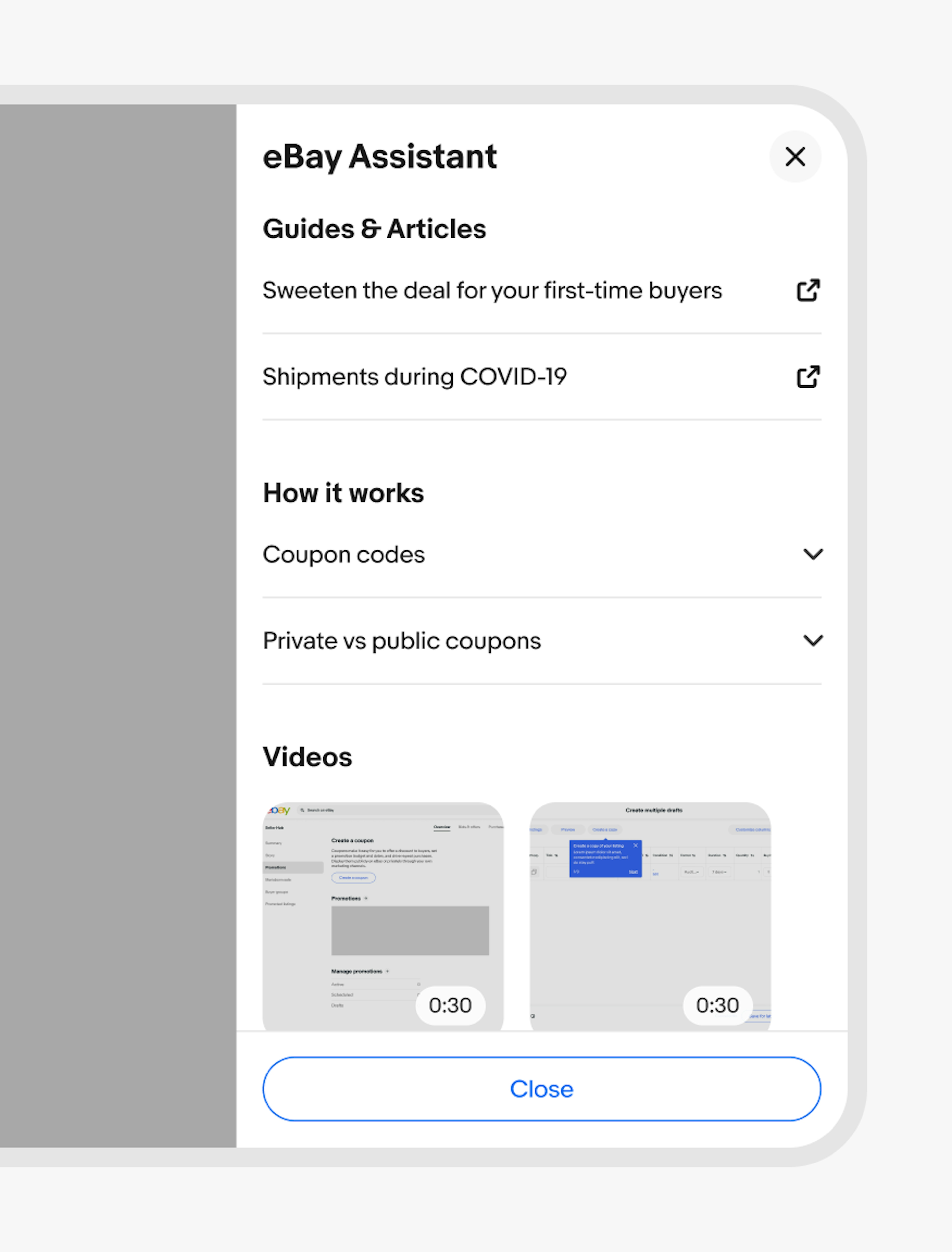 An eBay Assistant panel with a Close secondary action button situated at the bottom of the panel.