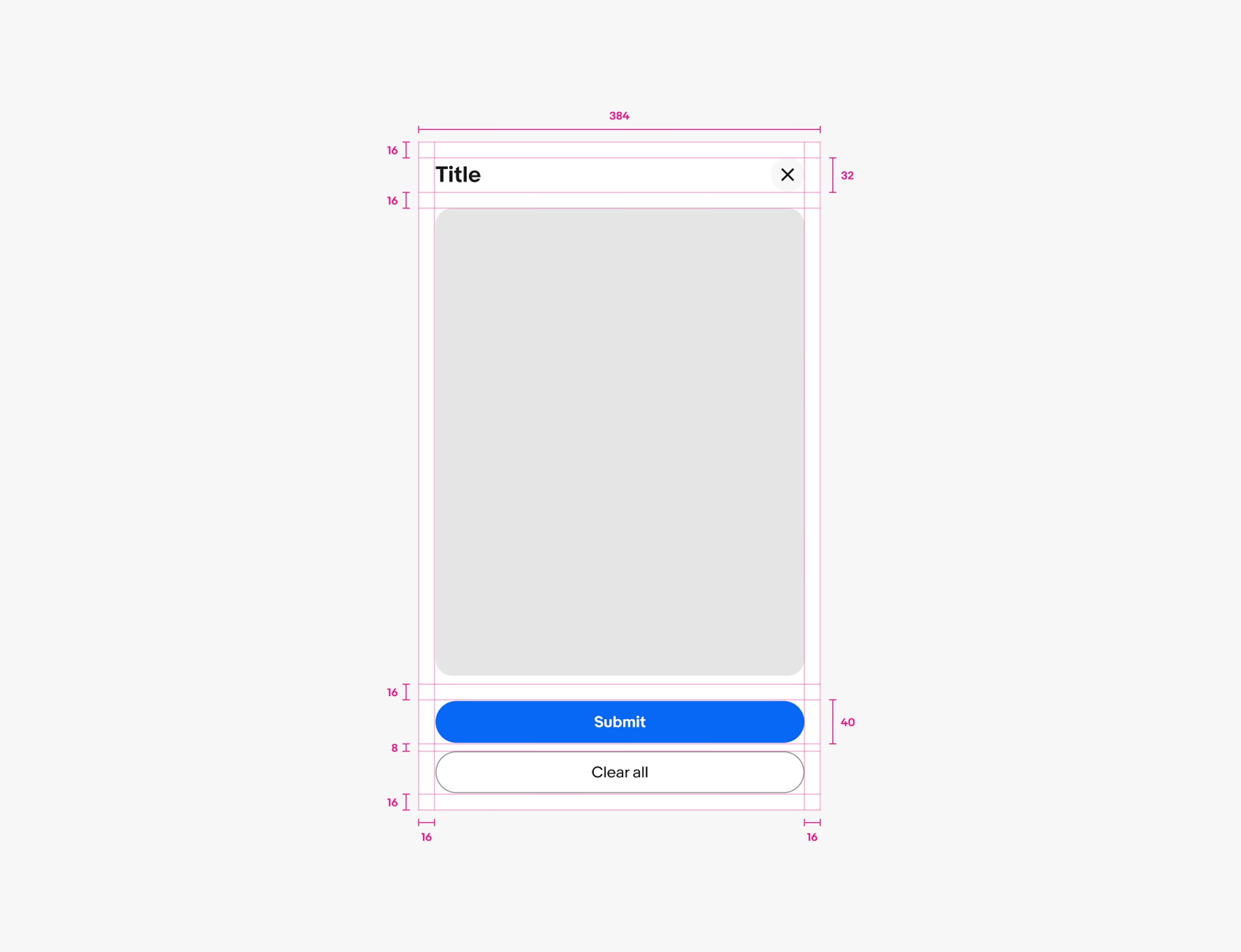 A panel with specs is shown. The width of the panel is 384px. The padding on the left, right, top, and bottom of the panel container is 16px. The height of the close button is 32px. The padding between the close button and the content space is 16px. The padding on the left, right, top, and bottom of the footer is 16px. The padding between the primary action button and secondary action button is 8px.