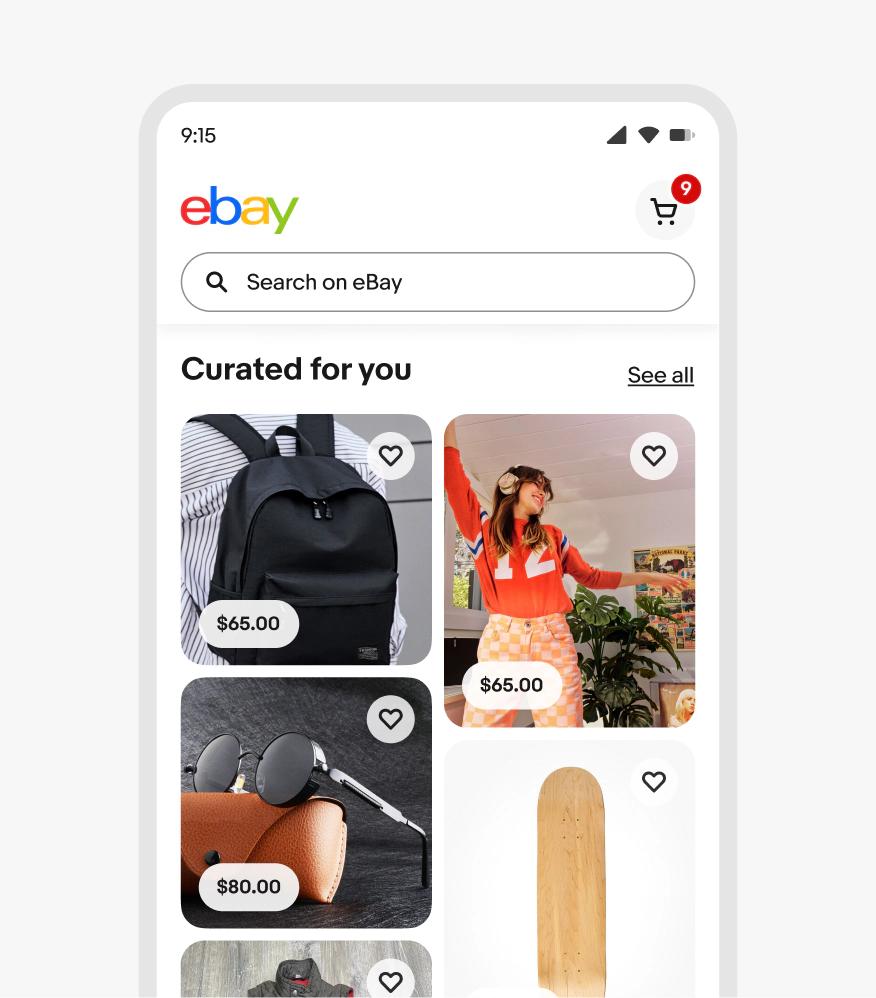 A mobile screen with 2 columns of masonry tiles that showcase a variety of items “Curated for you”.