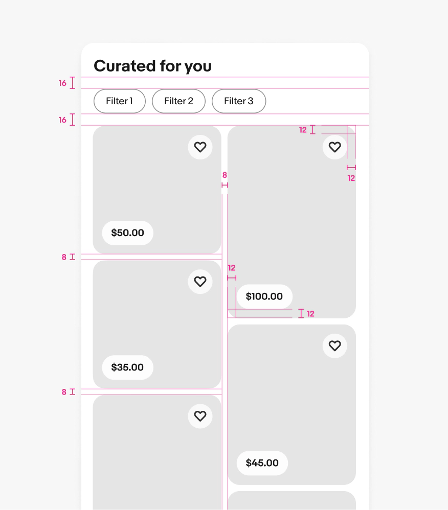 A detailed spec of a small screen masonry grid using the pill version. From top to bottom is title, filter bar, and grid. There is 16px of space between the title and filter bar and 16px of space between the filter bar and grid. 8px gutters are used between item tile columns and 8px of space vertically between tiles. There is 12px of space in the corners for pill pricing and save actions.