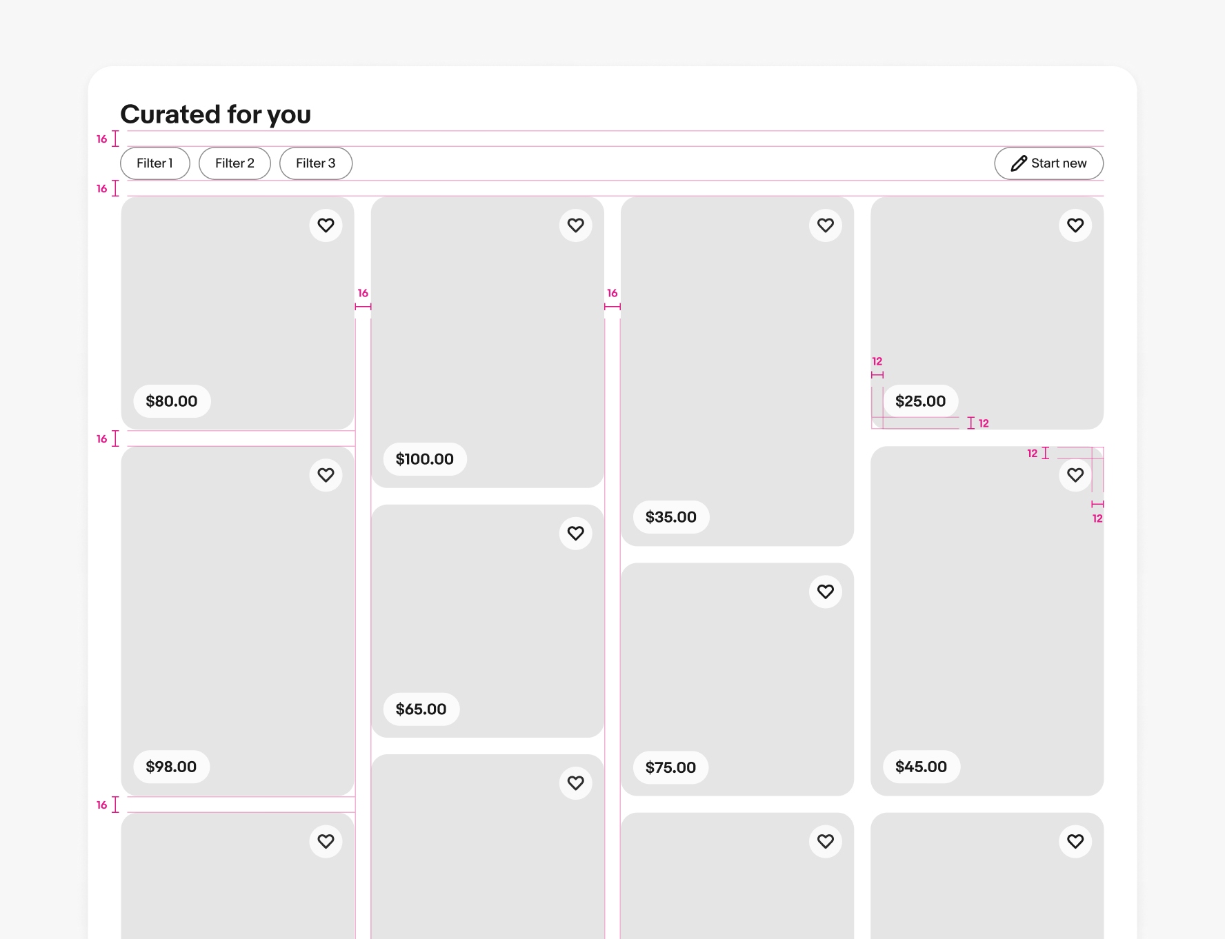 A detailed spec of a large screen masonry grid using the pill version. From top to bottom is title, filter bar, and grid. There is 16px of space between the title and filter bar and 16px of space between the filter bar and grid. 16px gutters are used between item tile columns and 16px of space vertically between tiles. There is 12px of space in the corners for pill pricing and save actions.