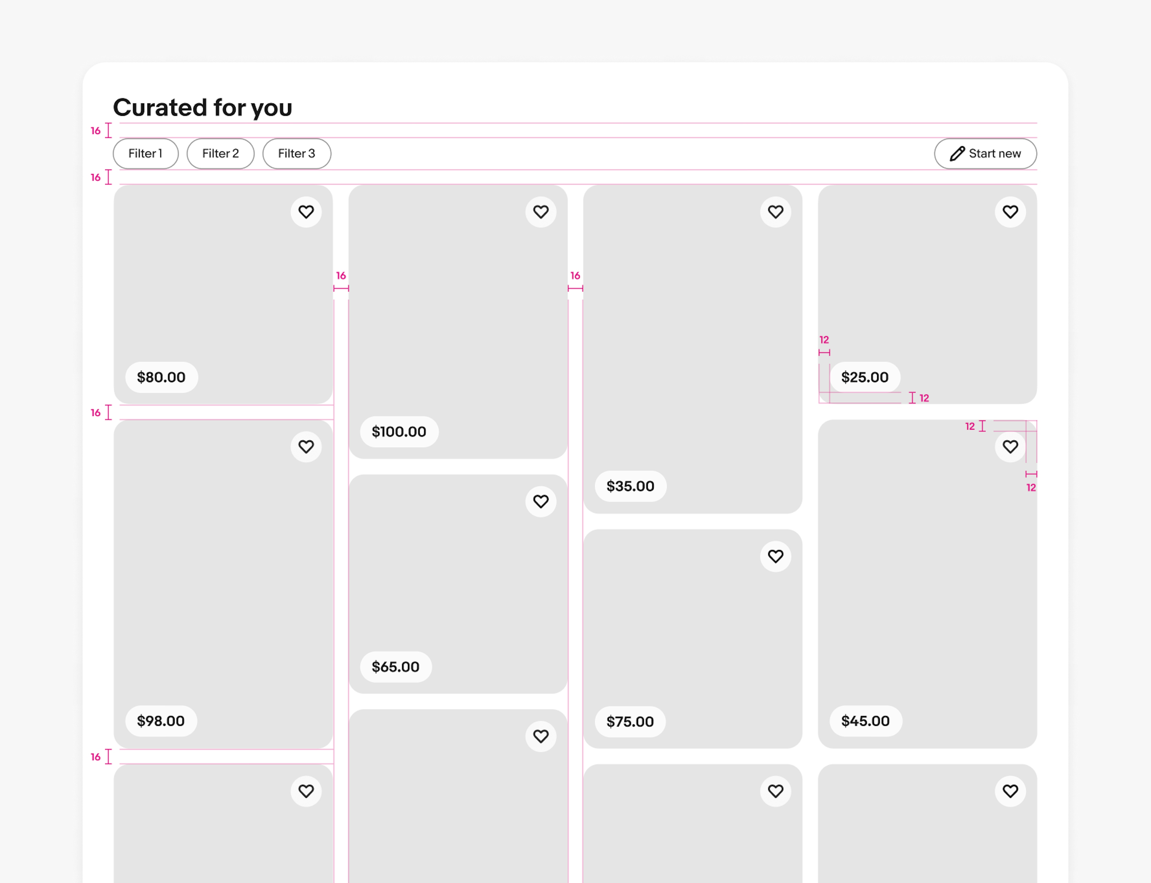 A detailed spec of a large screen masonry grid using the pill version. From top to bottom is title, filter bar, and grid. There is 16px of space between the title and filter bar and 16px of space between the filter bar and grid. 16px gutters are used between item tile columns and 16px of space vertically between tiles. There is 12px of space in the corners for pill pricing and save actions.