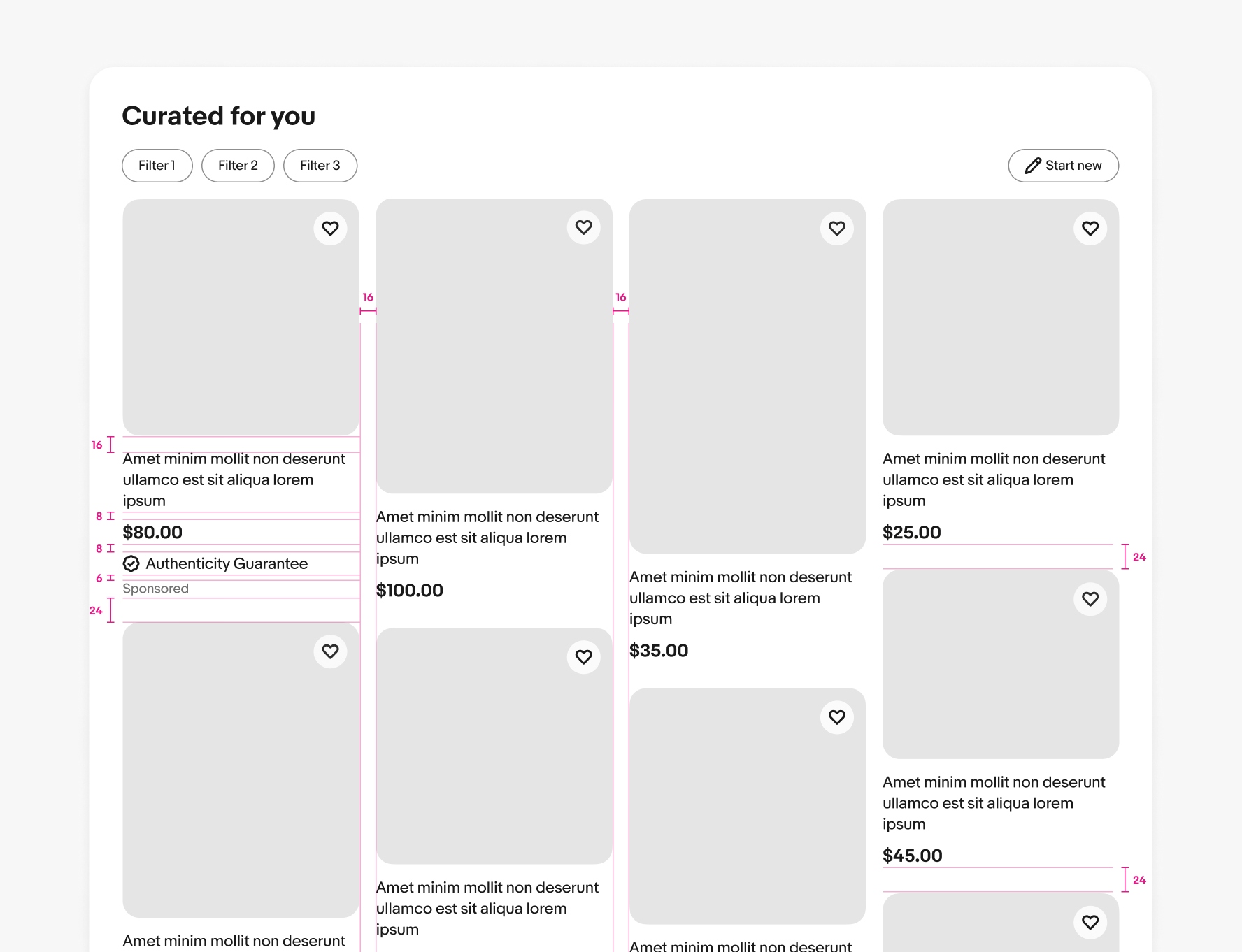 A detailed spec of a large screen masonry grid using the title version. There is 16px between the image and the title, 8px between title and price, 8px between price and program, 6px between program and Sponsored text, and 24px between tiles. The gutters between columns is 16px.