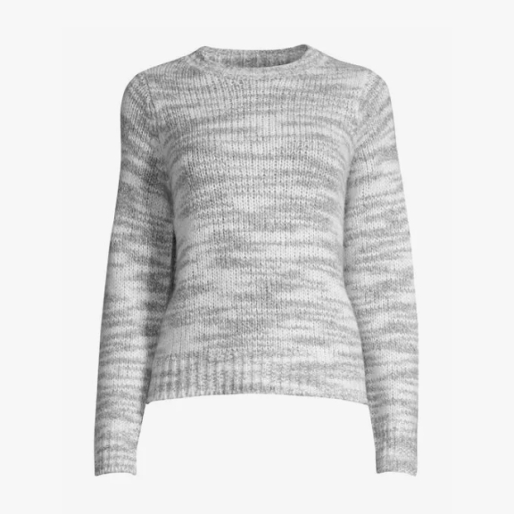 The image displays a cozy knitted sweater in shades of grey.