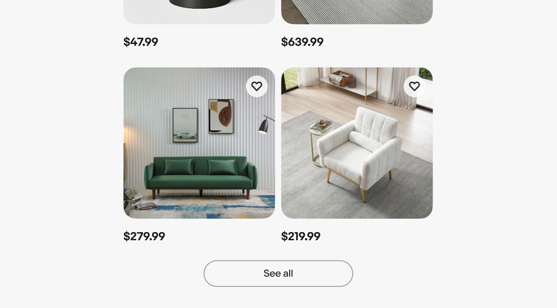 A grid of 4 tiles with a “See all” tertiary cta button below them.