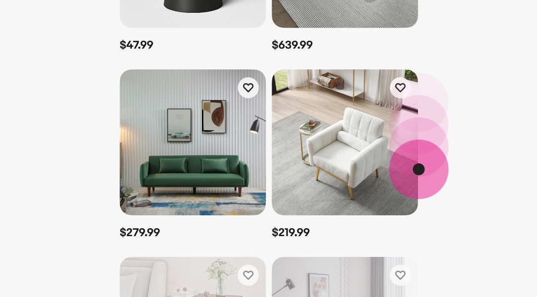 A grid of tiles with a pink scrolling indicator symbolizing that loading happens on scroll.