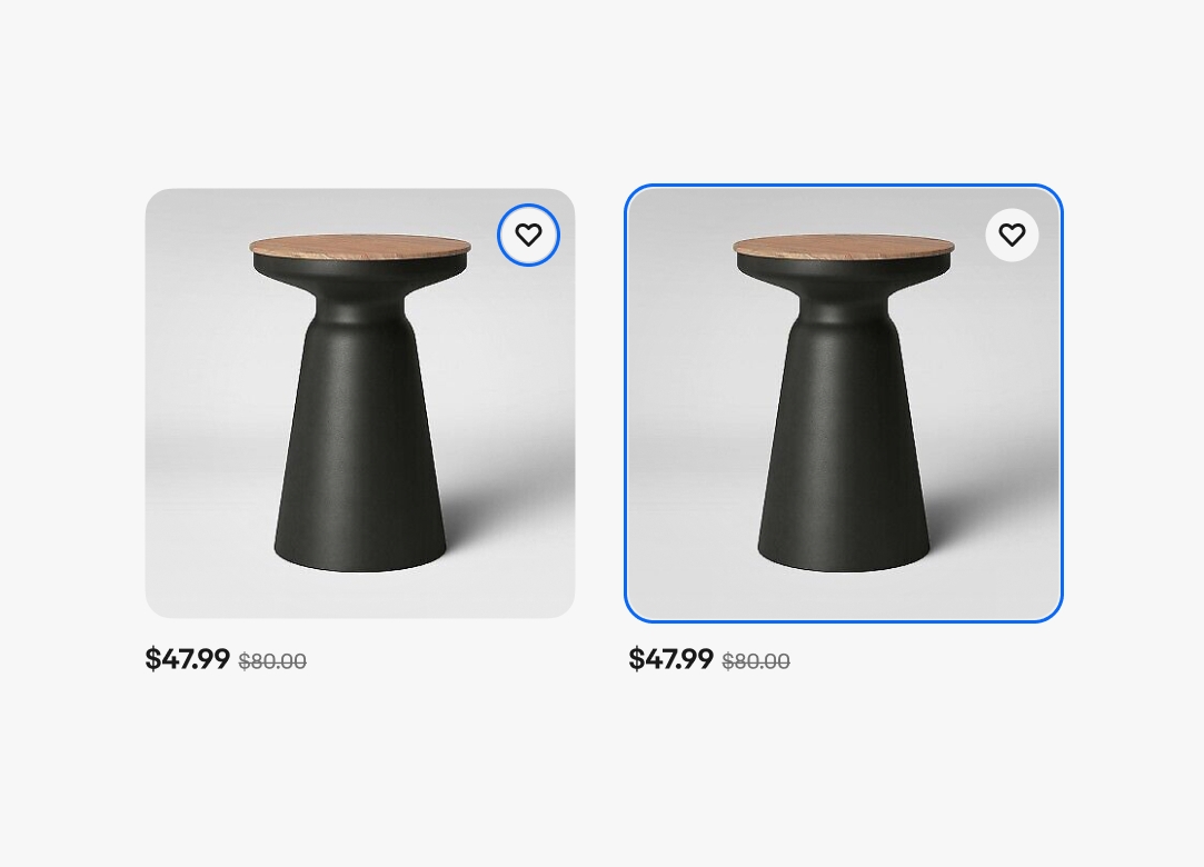 Two item tiles with blue keyboard focus stroke indicators. The left example is around the save icon in the upper right of the image. The right example is around the image itself.