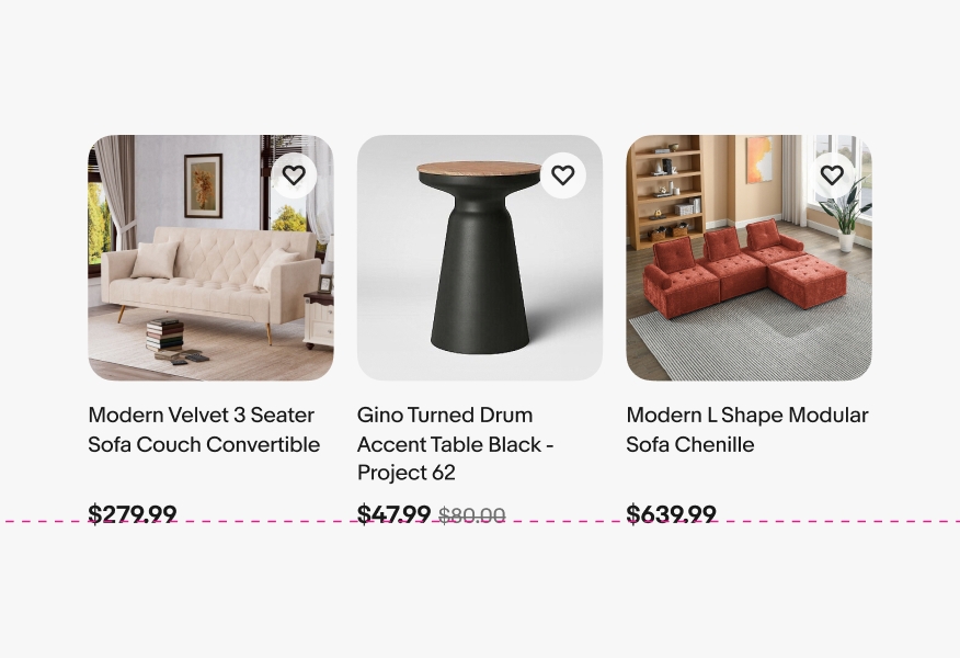 Three item tiles with titles ranging from 2 and 3 lines. The prices perfectly align on a baseline beneath them.