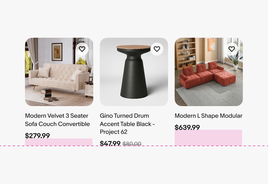 Three item tiles with titles ranging from 1, 2, and 3 lines. The prices are misaligned and move with the title length.