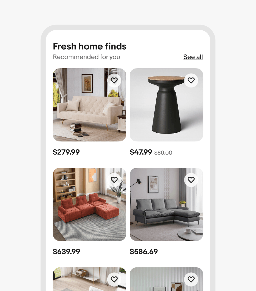 A small screen uniform grid with home good items consisting of couches, and side tables.
