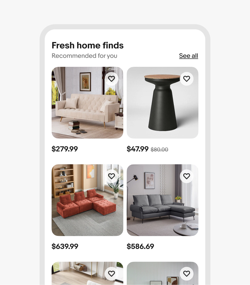A small screen uniform grid with home good items consisting of couches, and side tables.