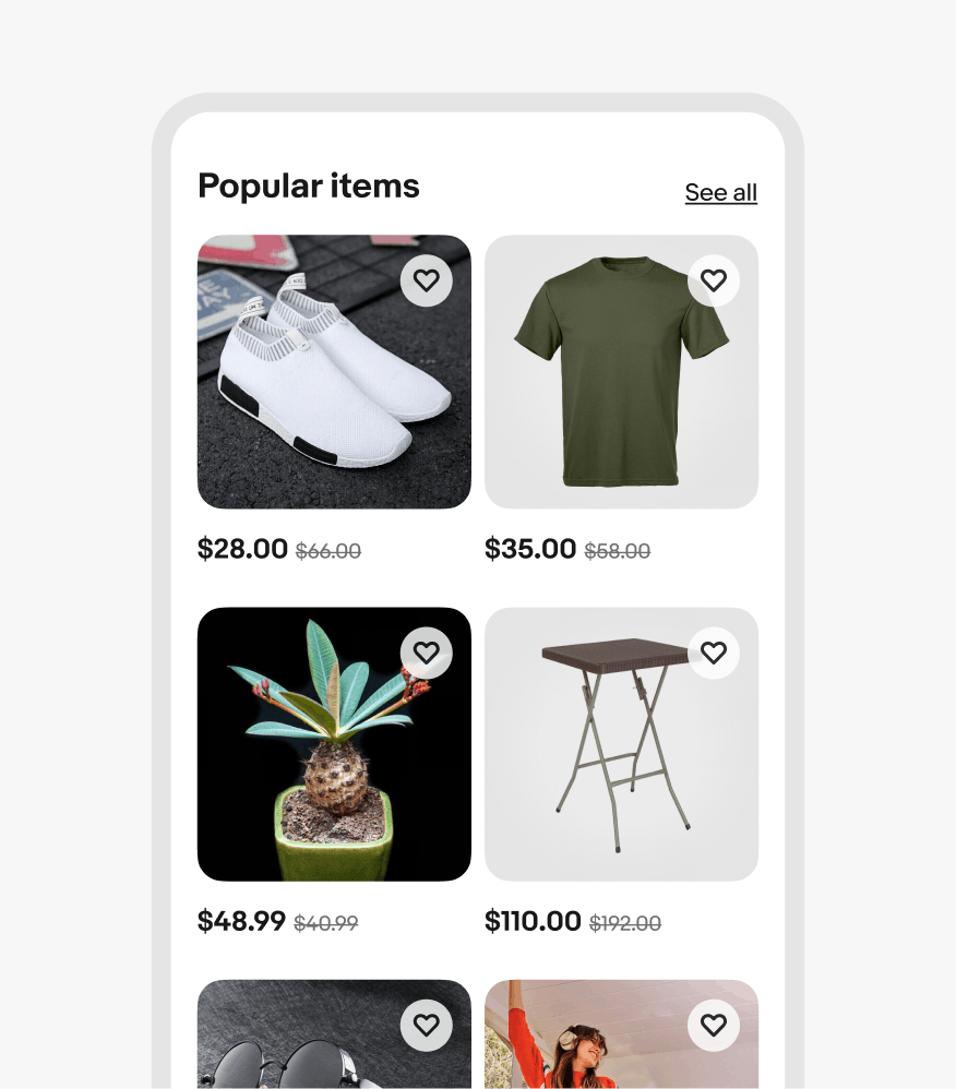 A small screen uniform grid with random items consisting of shoes, shirts, plants, folding tables, and glasses.