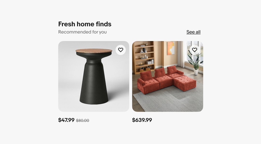 A section title, subtitle, and “See all” text link above two item tiles.