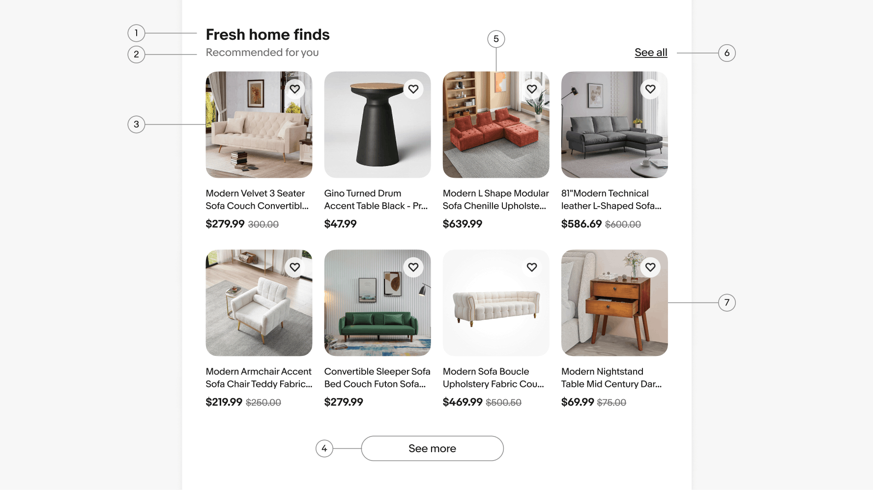 Anatomy of a uniform grid. Number 1 points to the grid’s title. Number 2 points to subtitle. Number 3 points to a row. Number 4 points to a “See more” tertiary cta button. Number 5 points to a column. Number 6 points to a “See all” text link. Number 7 points to an item tile.