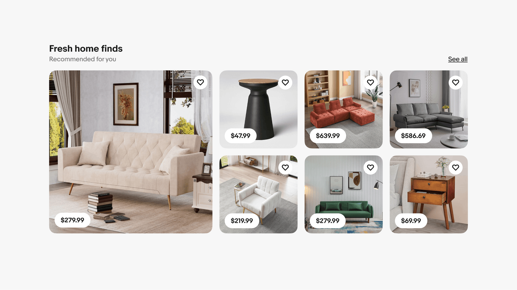 A mosaic grid of “Fresh home finds”. The hero tile is of a couch. The supporting tiles are of other couches, chairs, and side tables.