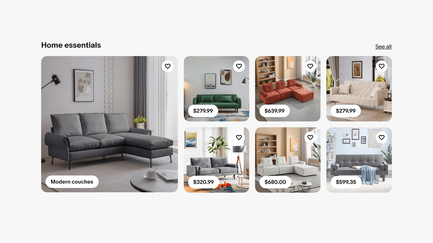 A mosaic grid of “essentials”. The hero tile is of a couch and a category text pill of “Modern couches” is in the bottom left of the hero tile image. The supporting tiles are all of couches.
