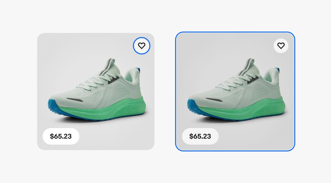 Two item tiles with blue keyboard focus stroke indicators. The left example is around the save icon in the upper right of the image. The right example is around the image itself.