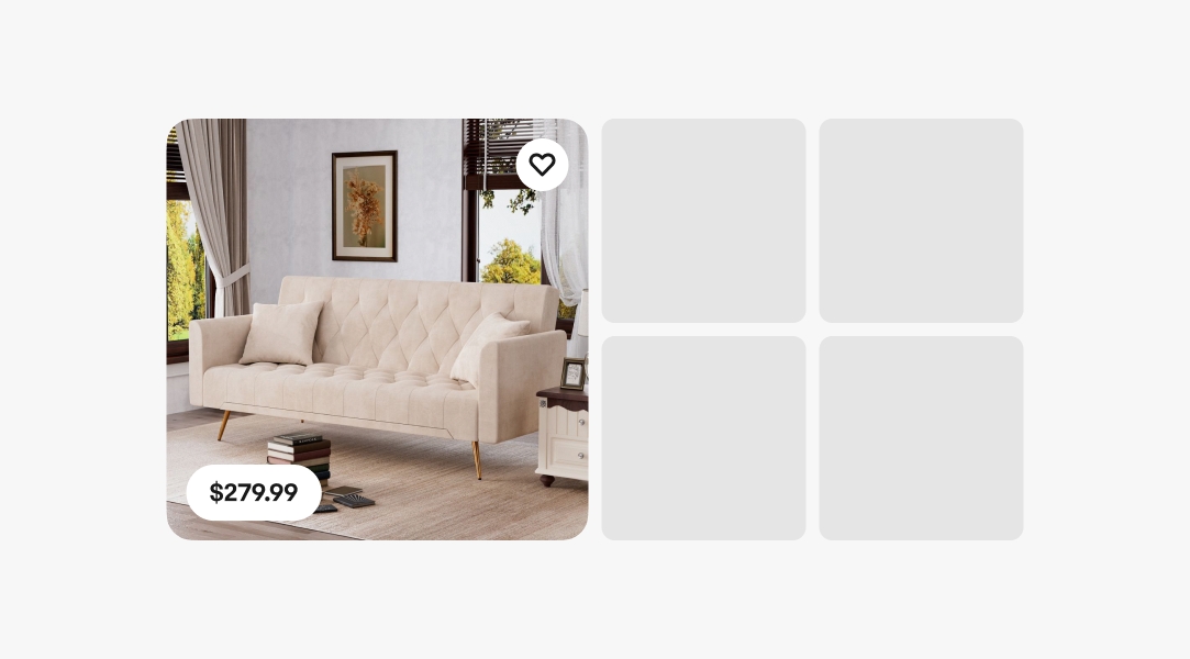 A graphic representation of a large hero tile on the left and 4 gray boxes in a grid on the right symbolizing the related items.