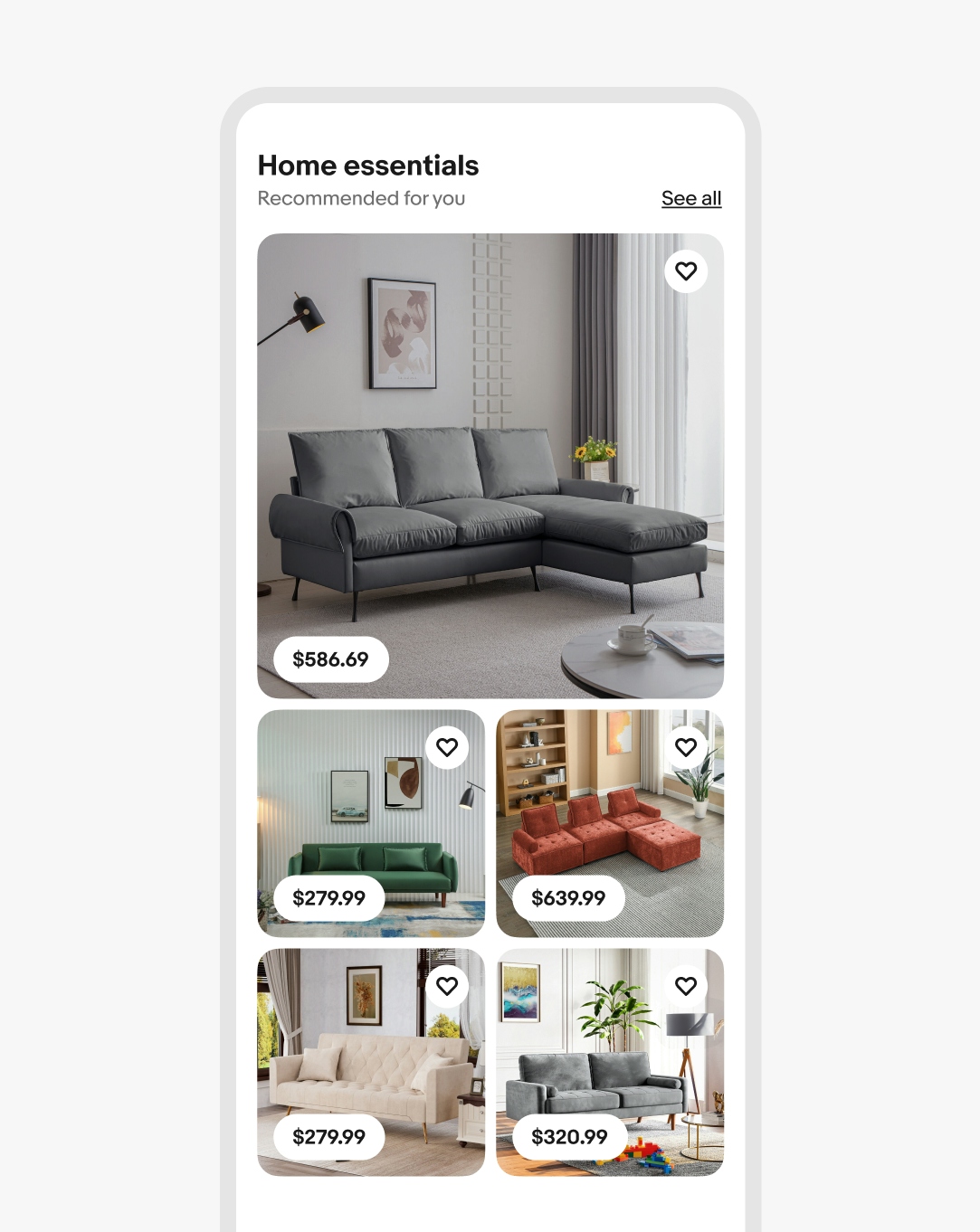 A small screen mosaic grid with a large hero tile on the top and 4 smaller tiles in a grid beneath it.