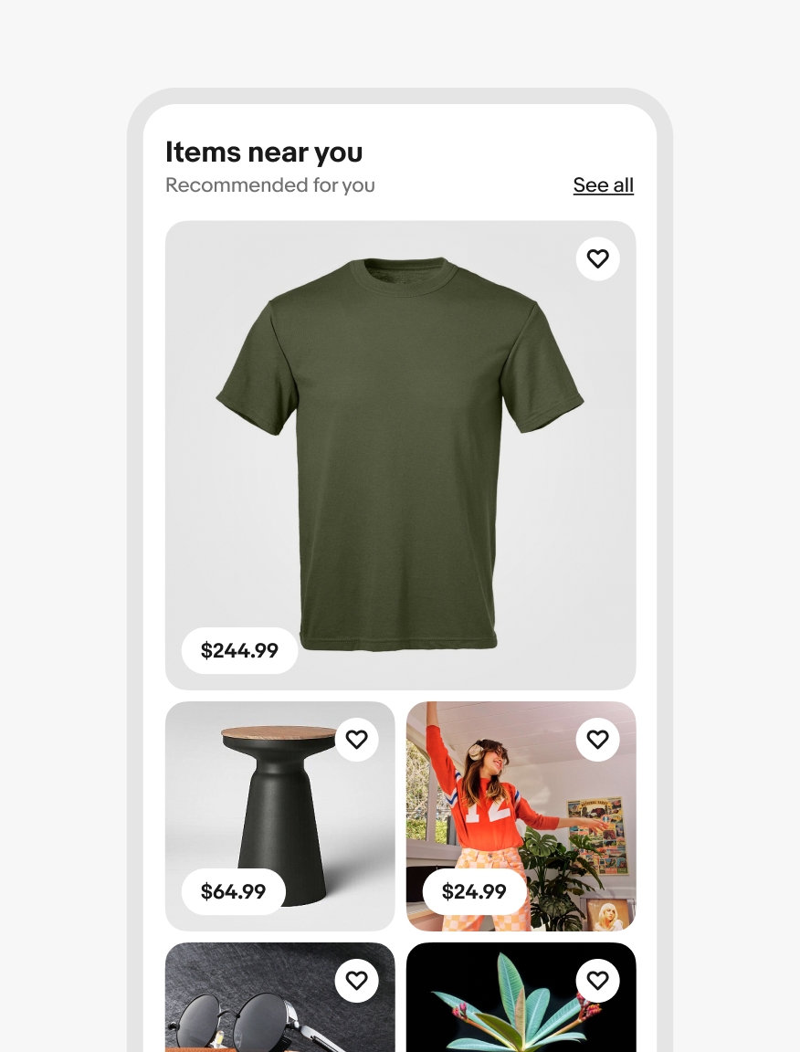 A small screen mosaic grid with items that are unrelated to each other consisting of shirts, tables, glasses, plants.