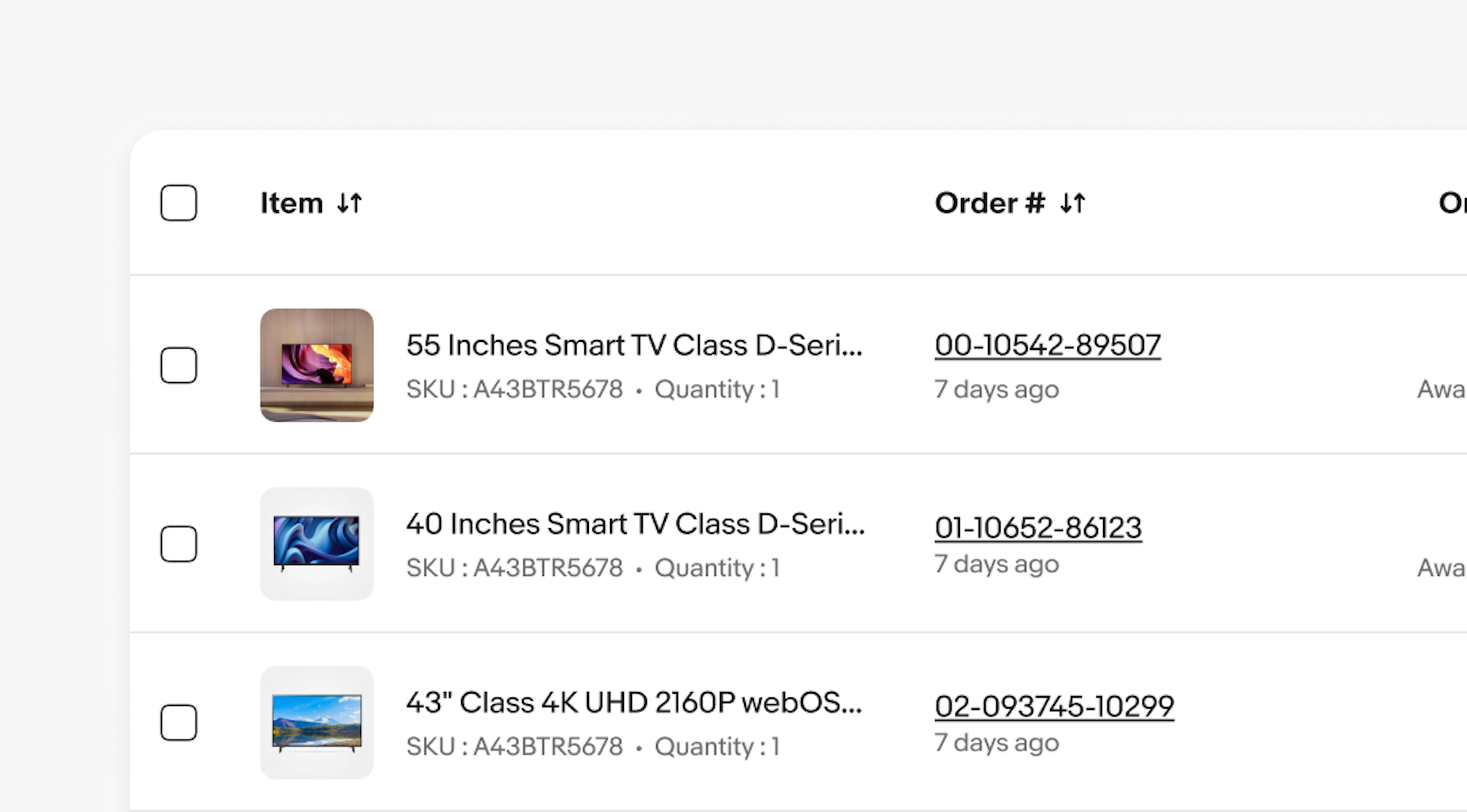 Table displaying a list of orders. The table includes selectable rows with checkboxes, product images, and other order details. Each row shows an item overview, SKU number, quantity, order number, and order placement date.