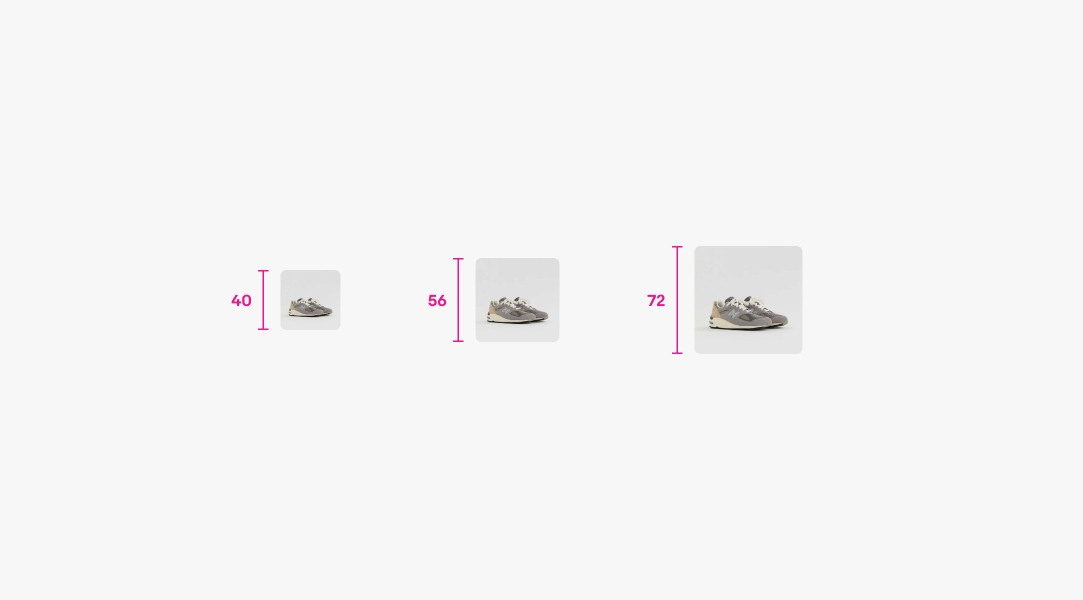Diagram showing three rows of a data table, each with a different row height. The first row is labeled '40' with a small-sized image of a sneaker, the second row '56' with a medium-sized image, and the third row '72' with a large-sized image.