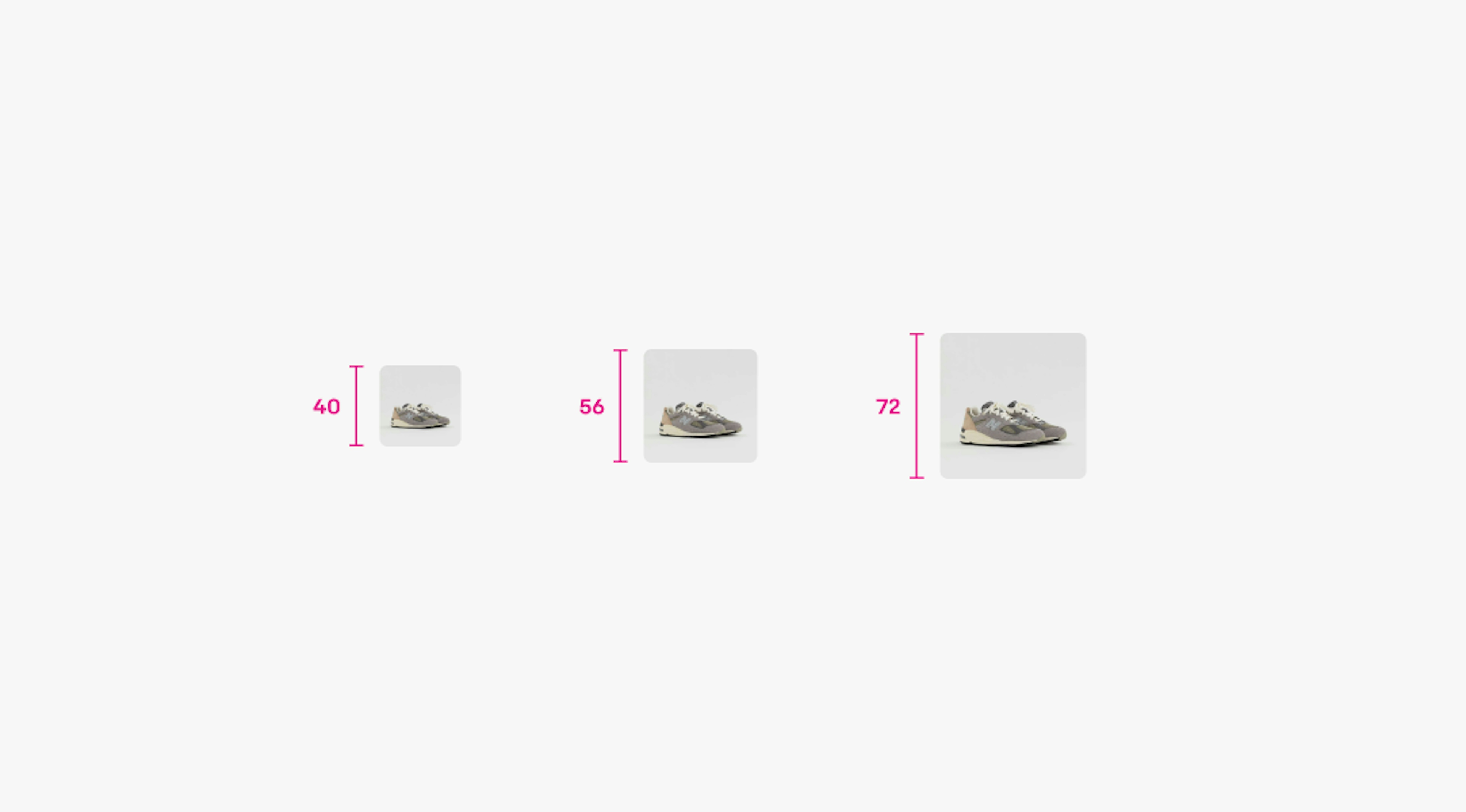 Diagram showing three rows of a data table, each with a different row height. The first row is labeled '40' with a small-sized image of a sneaker, the second row '56' with a medium-sized image, and the third row '72' with a large-sized image. 