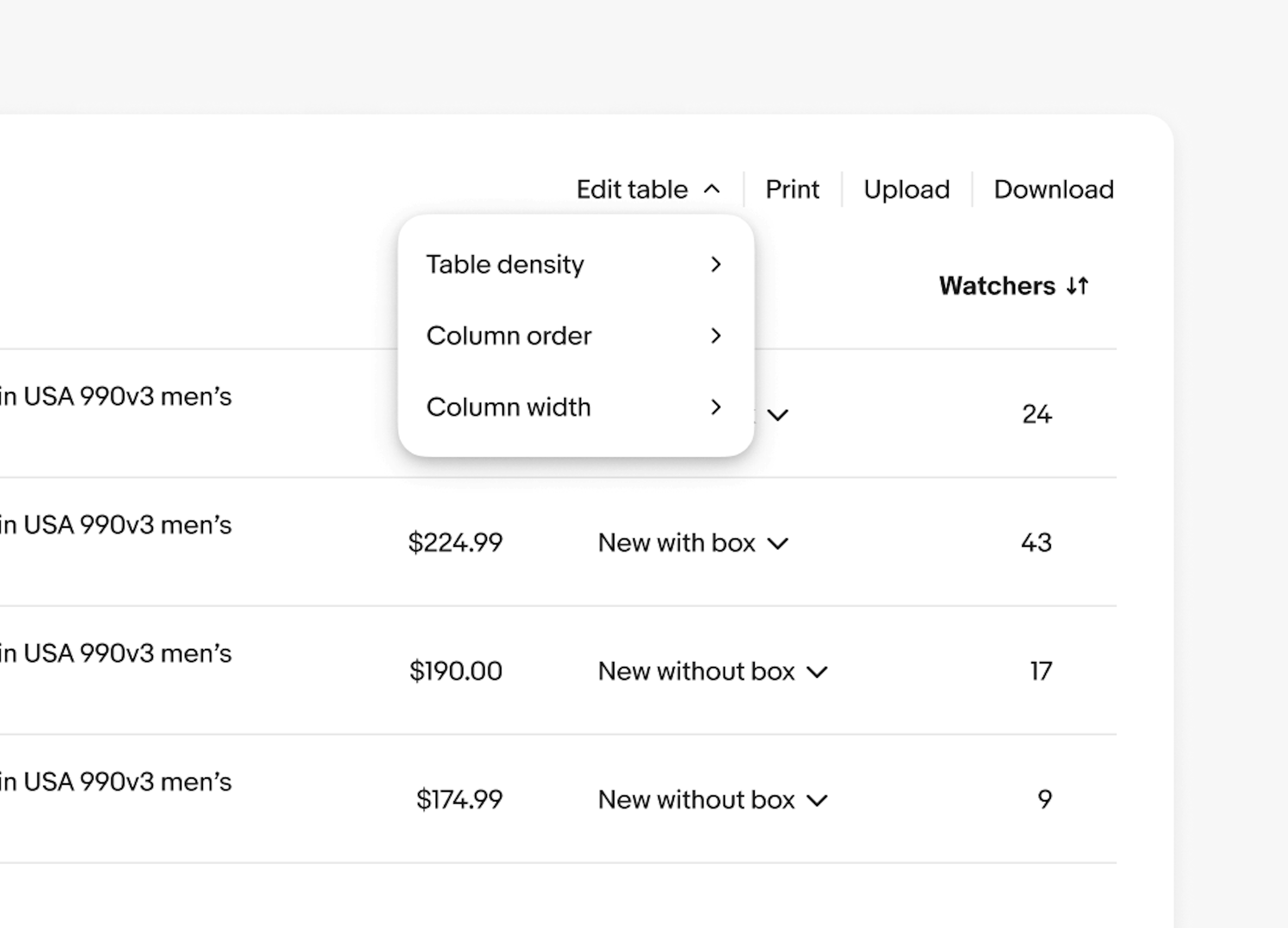 Table showing a dropdown labeled “edit table” opened showing menu options for customizing “Table density”, “Column order”, and “Column width”