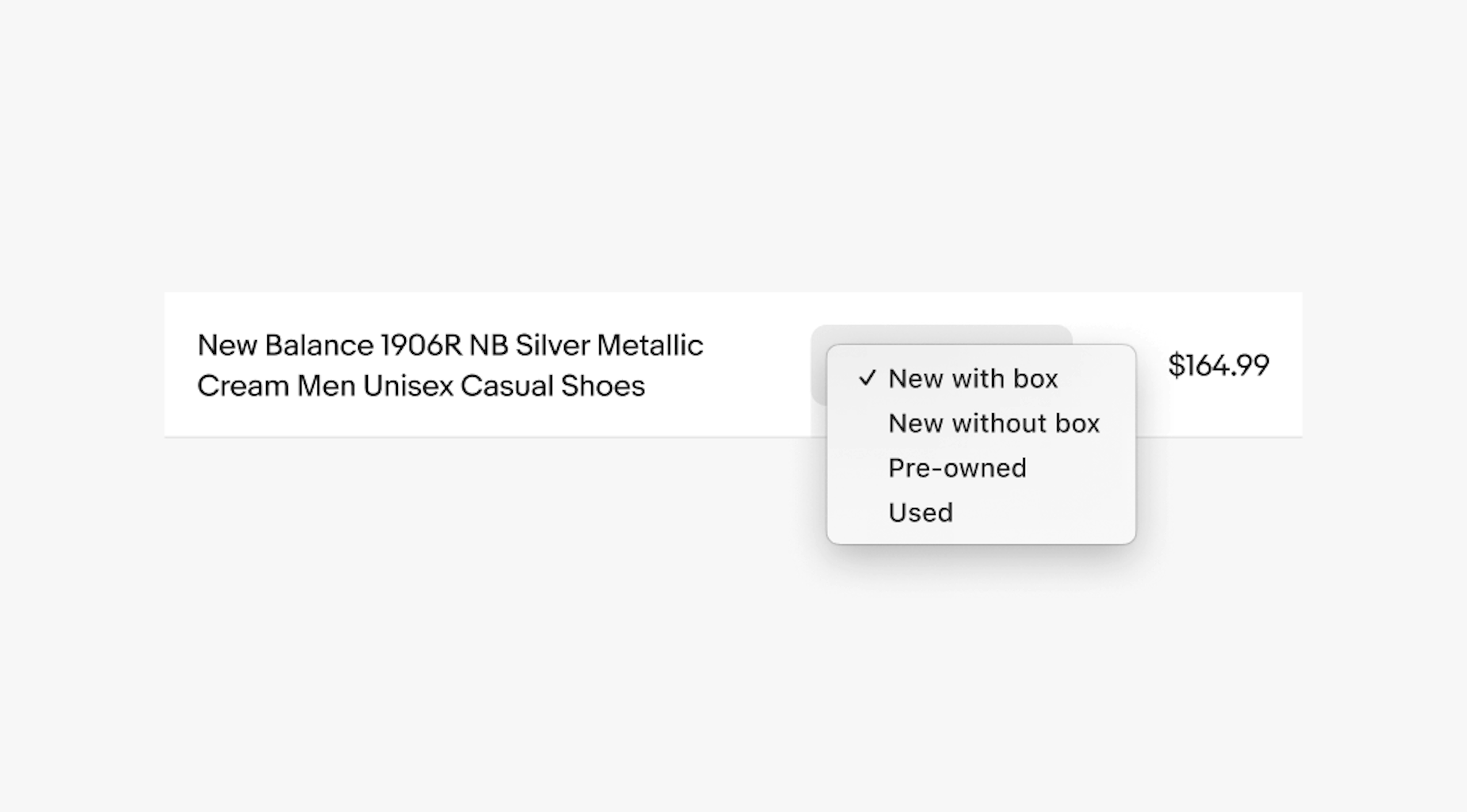 Interactive dropdown menu for a product listing showing condition options. The selected option is 'New with box' with other available conditions listed, including 'New without box', 'Pre-owned', and 'Used'. 