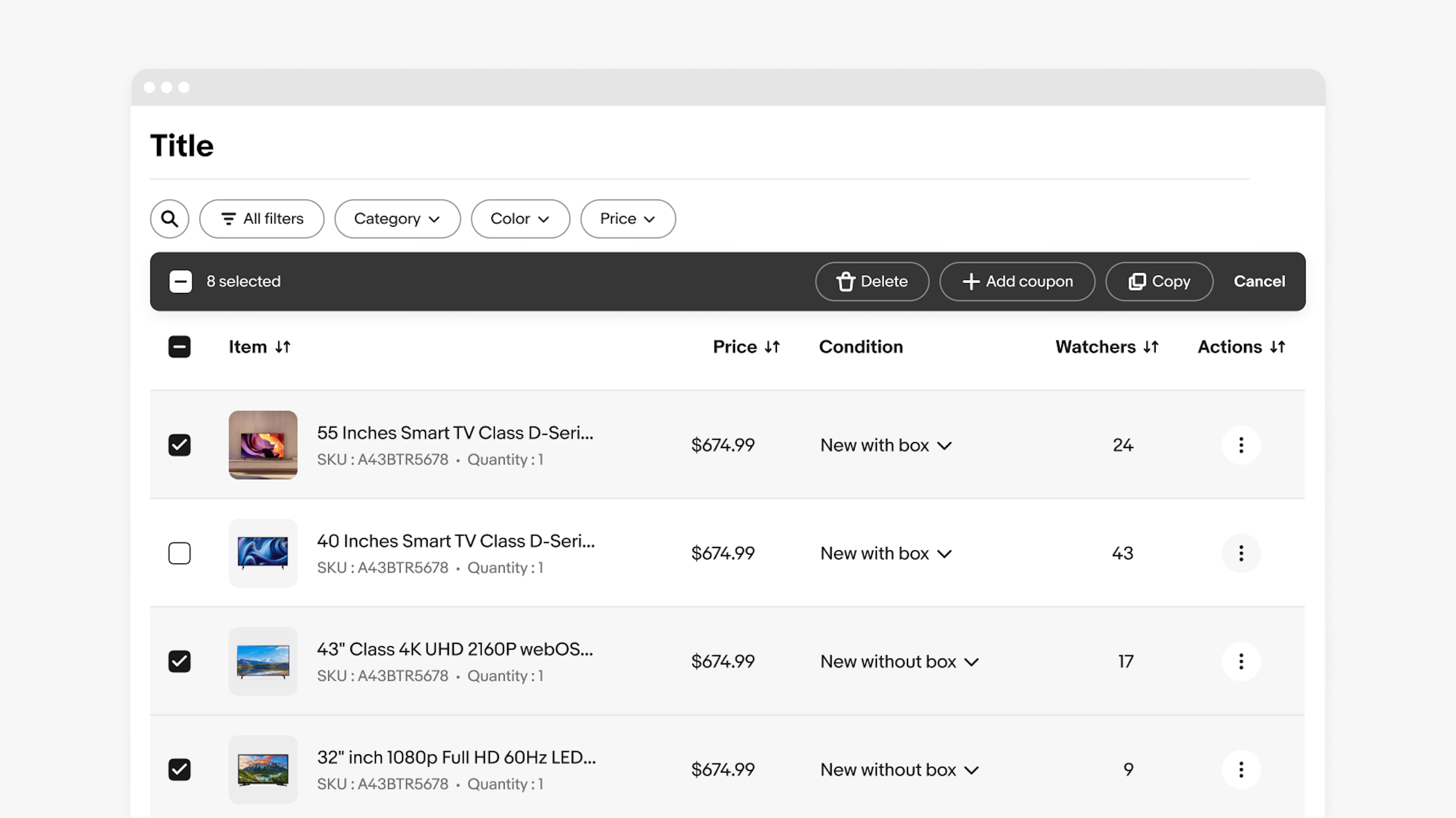 Table with a list of smart TVs where items can be selected using checkboxes for bulk actions. A bulk edit bar appears above the table toolbar, offering options like delete, add coupon, and copy."