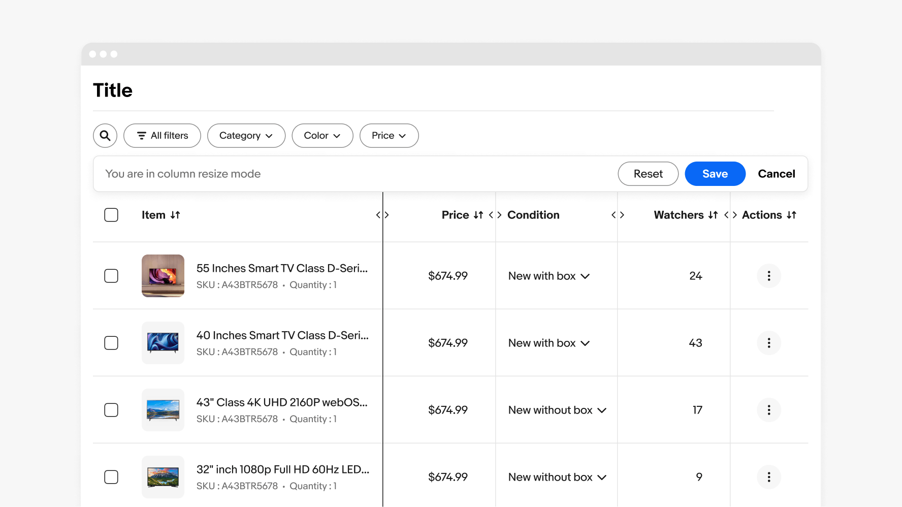 Table interface showing adjustable column widths, with options to save, reset, or cancel changes.