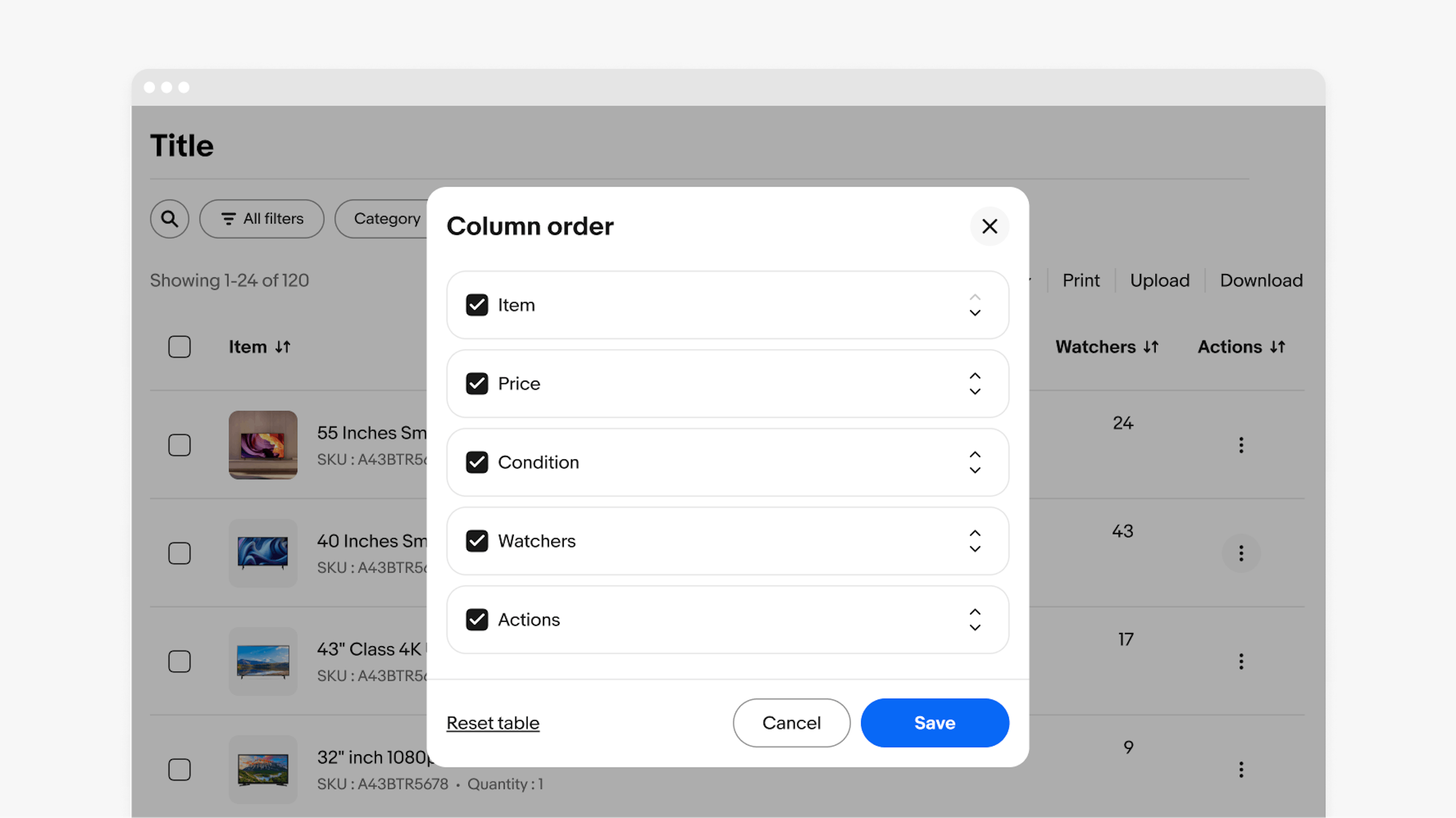 Modal window displaying stacked list of column reordering options for a data table, with 'Save', 'Reset table', and 'Cancel' actions available, as well as the ability to drag and drop columns to change their order.