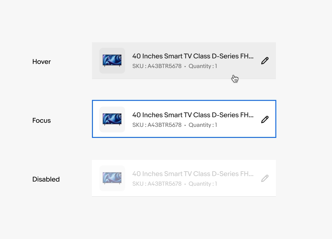 Cells detailing hover, focus, and disabled states.