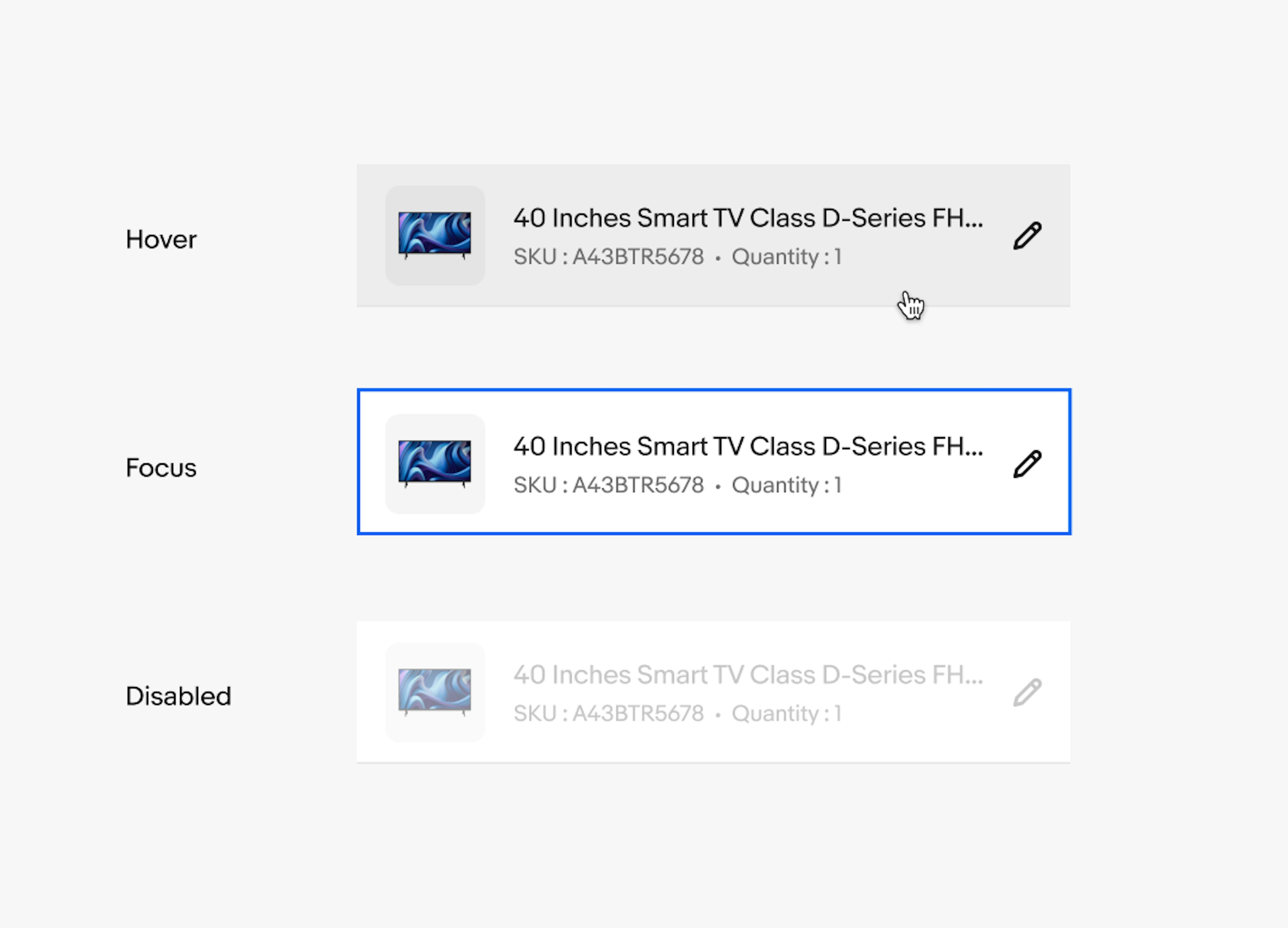 Cells detailing hover, focus, and disabled states.