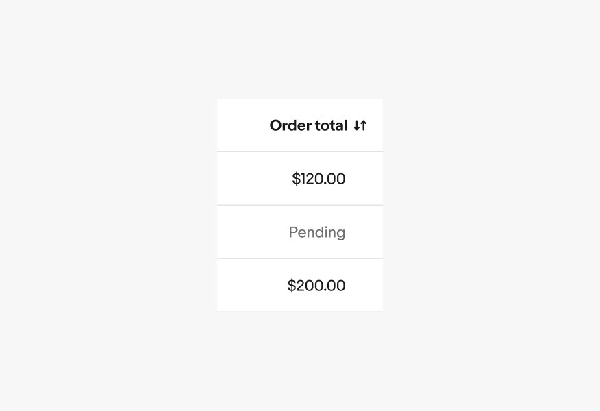 Data table with three rows displaying order information. Second contains 'Pending' with no value indicated, suggesting an unknown or empty field.