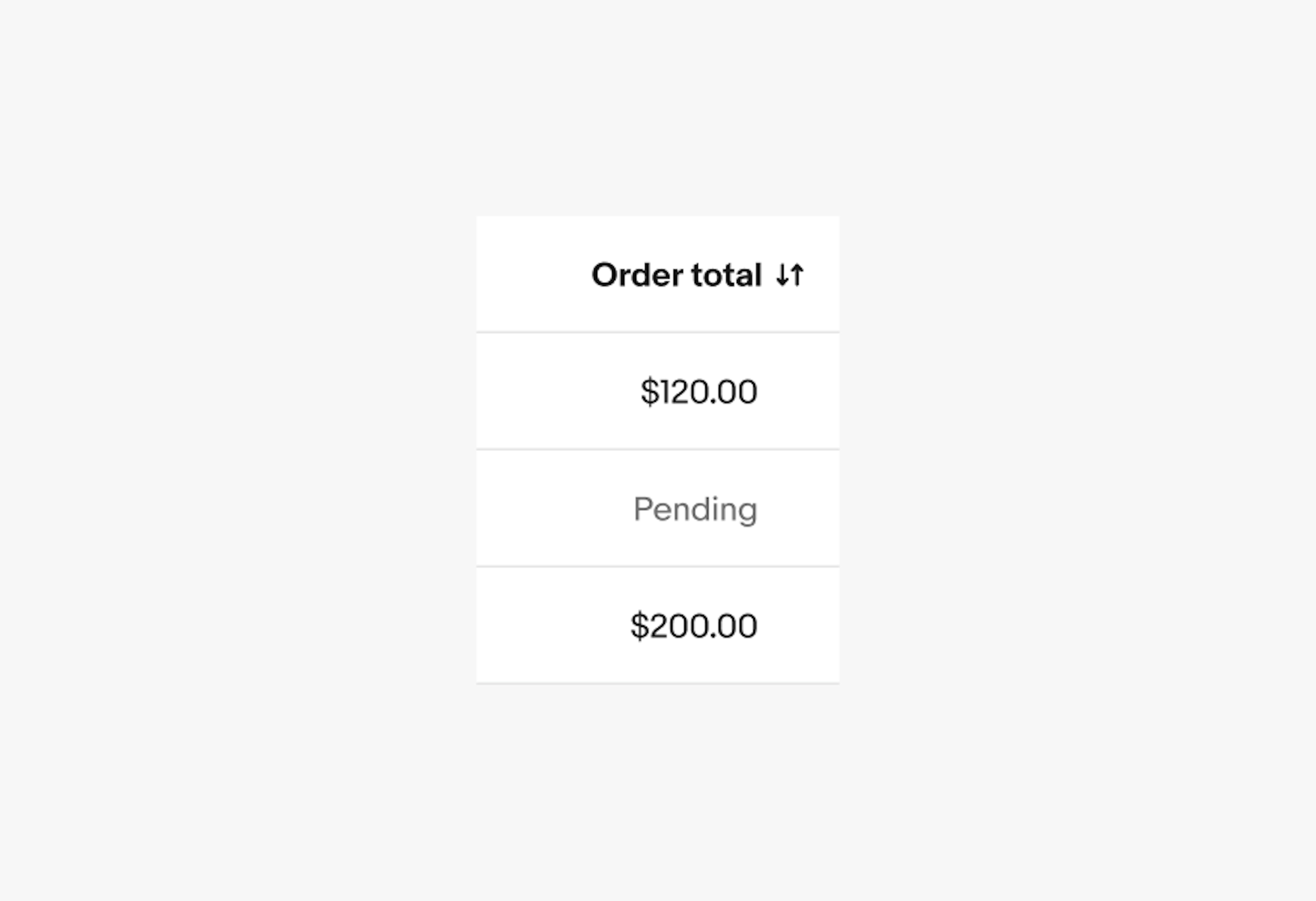 Data table with three rows displaying order information. Second contains 'Pending' with no value indicated, suggesting an unknown or empty field.