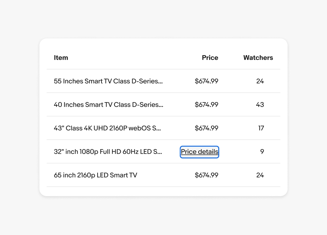 Read-only data table displaying item information without a focus state.