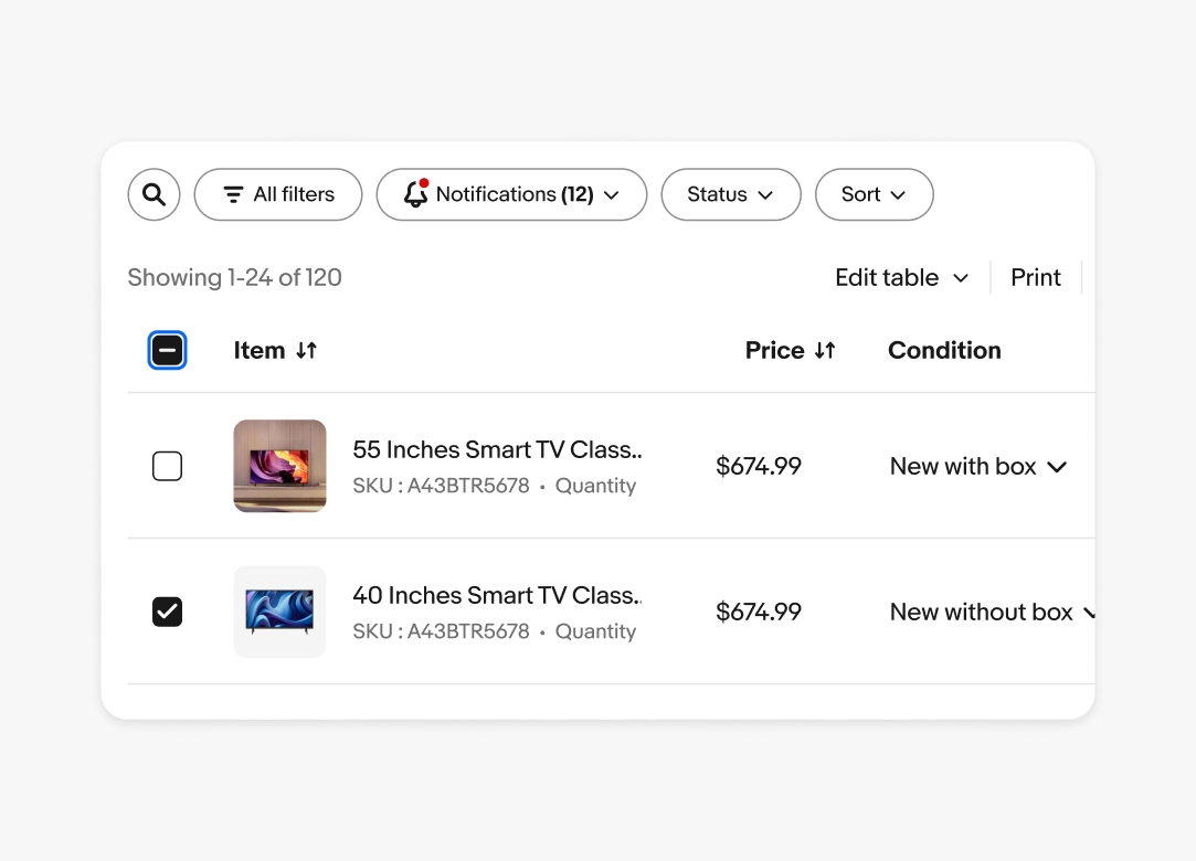 Editable data table displaying displaying item information with a focused state on the checkbox titled in the heading row for select-all.
