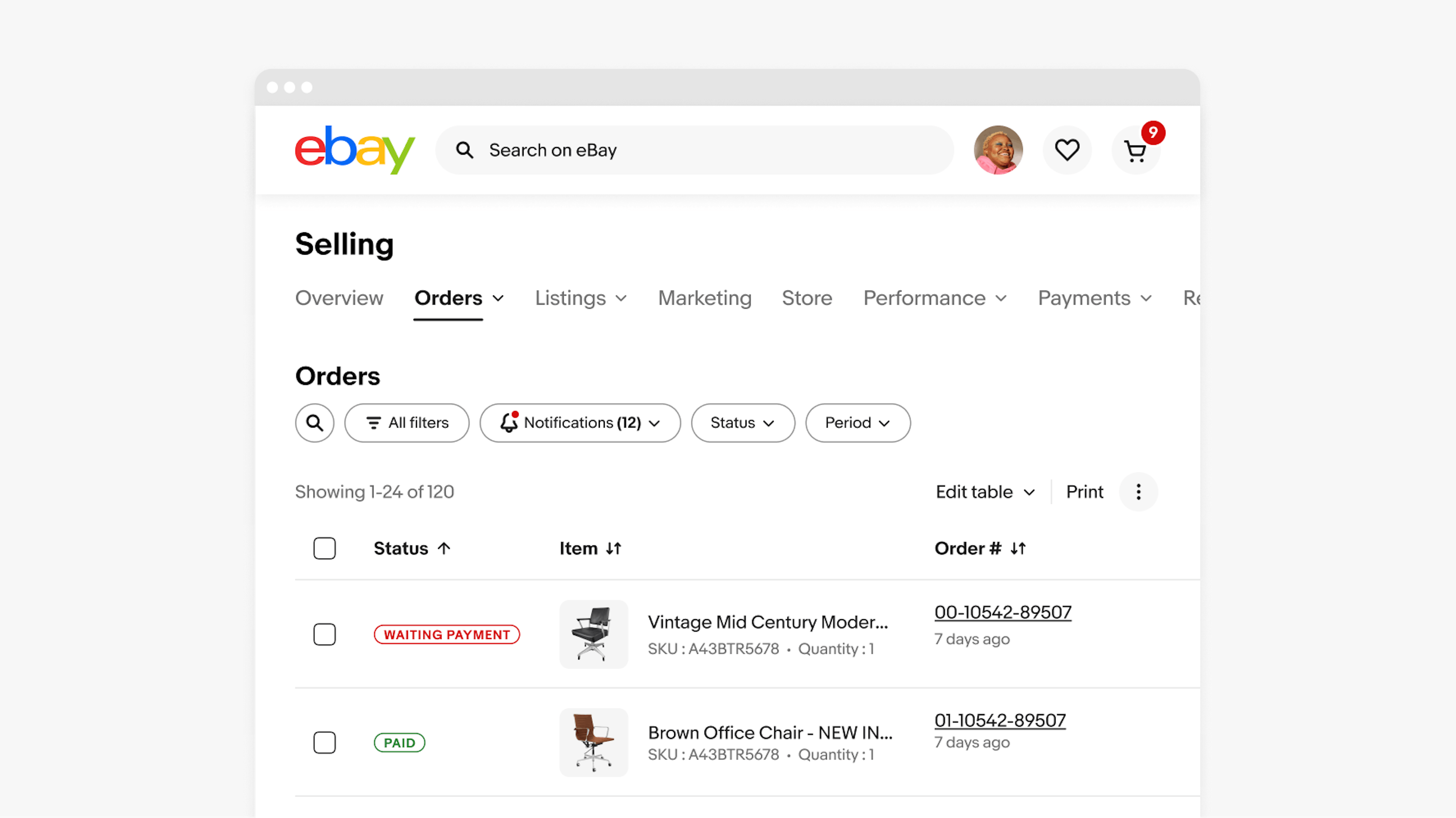 Seller dashboard orders page on a medium size screen showing a data table with filter bar on top.