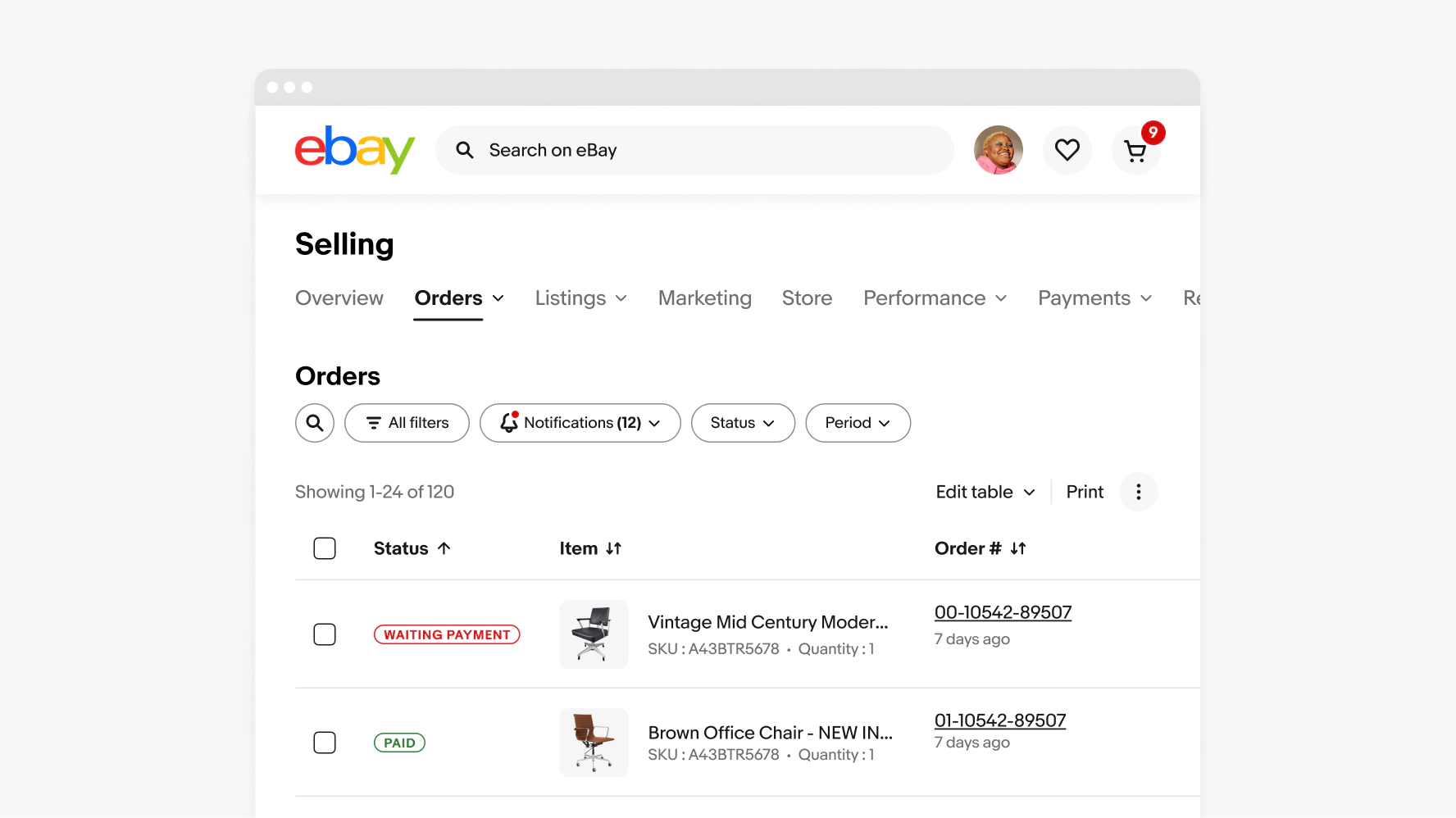 Seller dashboard orders page on a medium size screen showing a data table with filter bar on top.