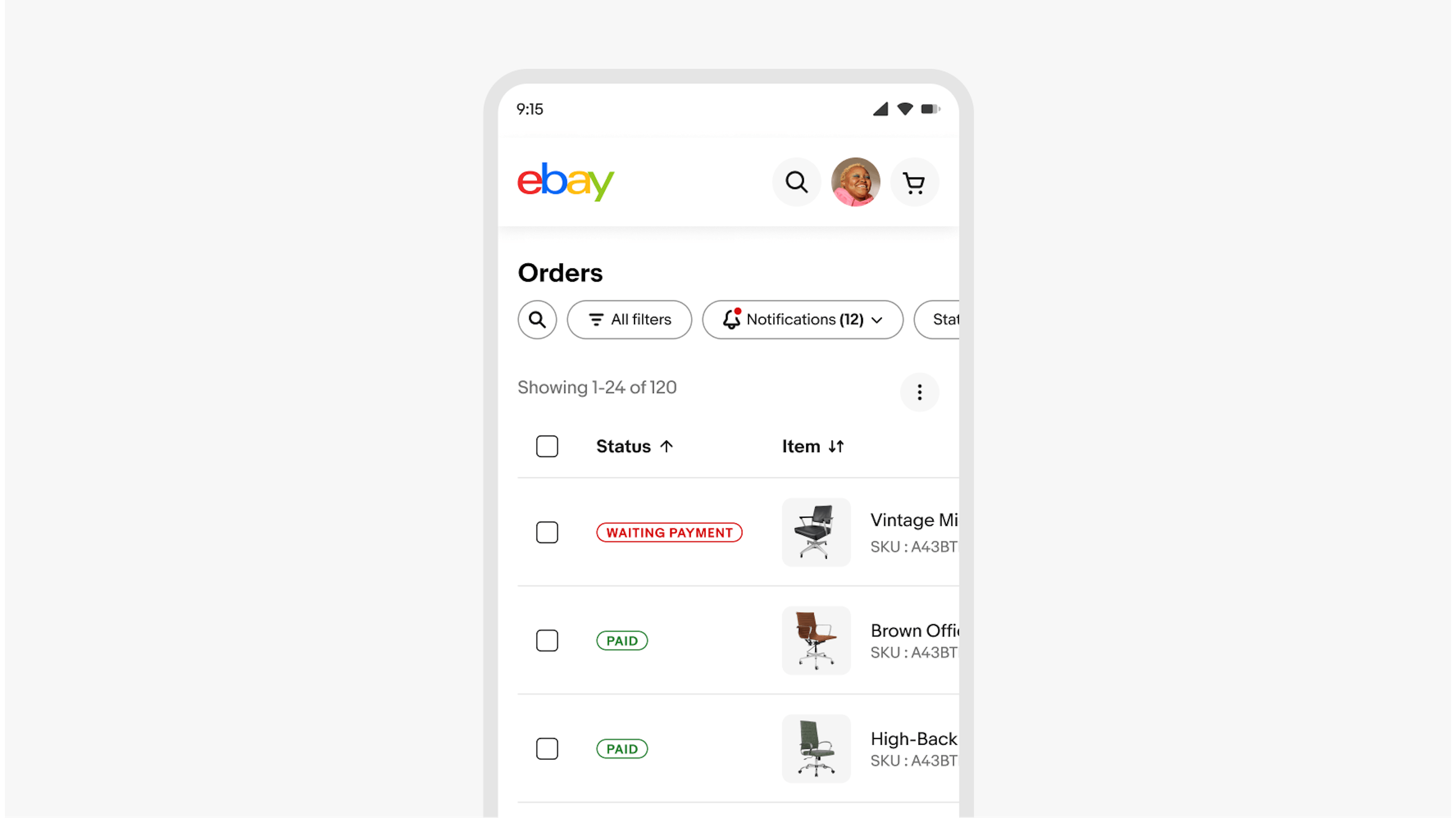 Orders page showing a filter bar with a data table underneath on a mobile device size screen. On the smaller screen size one and a half columns of data are visible.