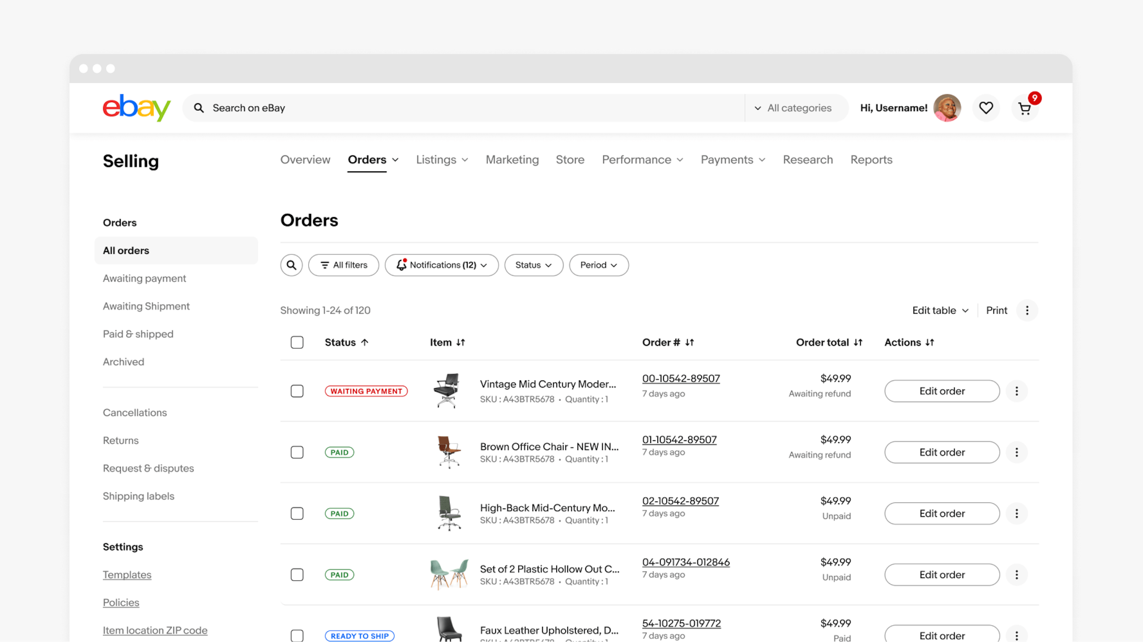 Seller dashboard orders page on a large size screen showing a data table with filter bar on top and left hand tertiary navigation.